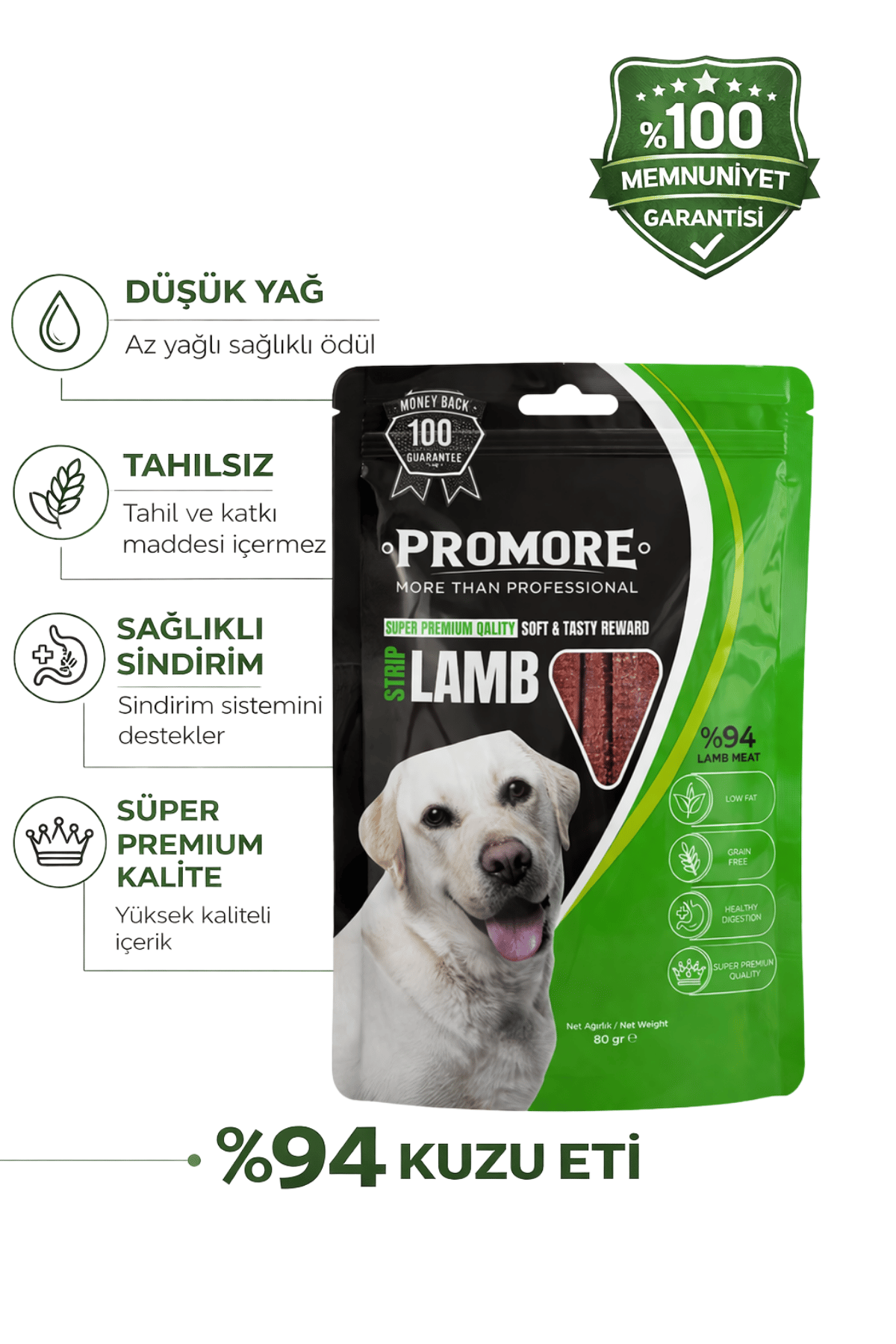 Promore Lamb Strip Köpek Ödülü 80gr – %94 Kuzu Eti, Tahılsız