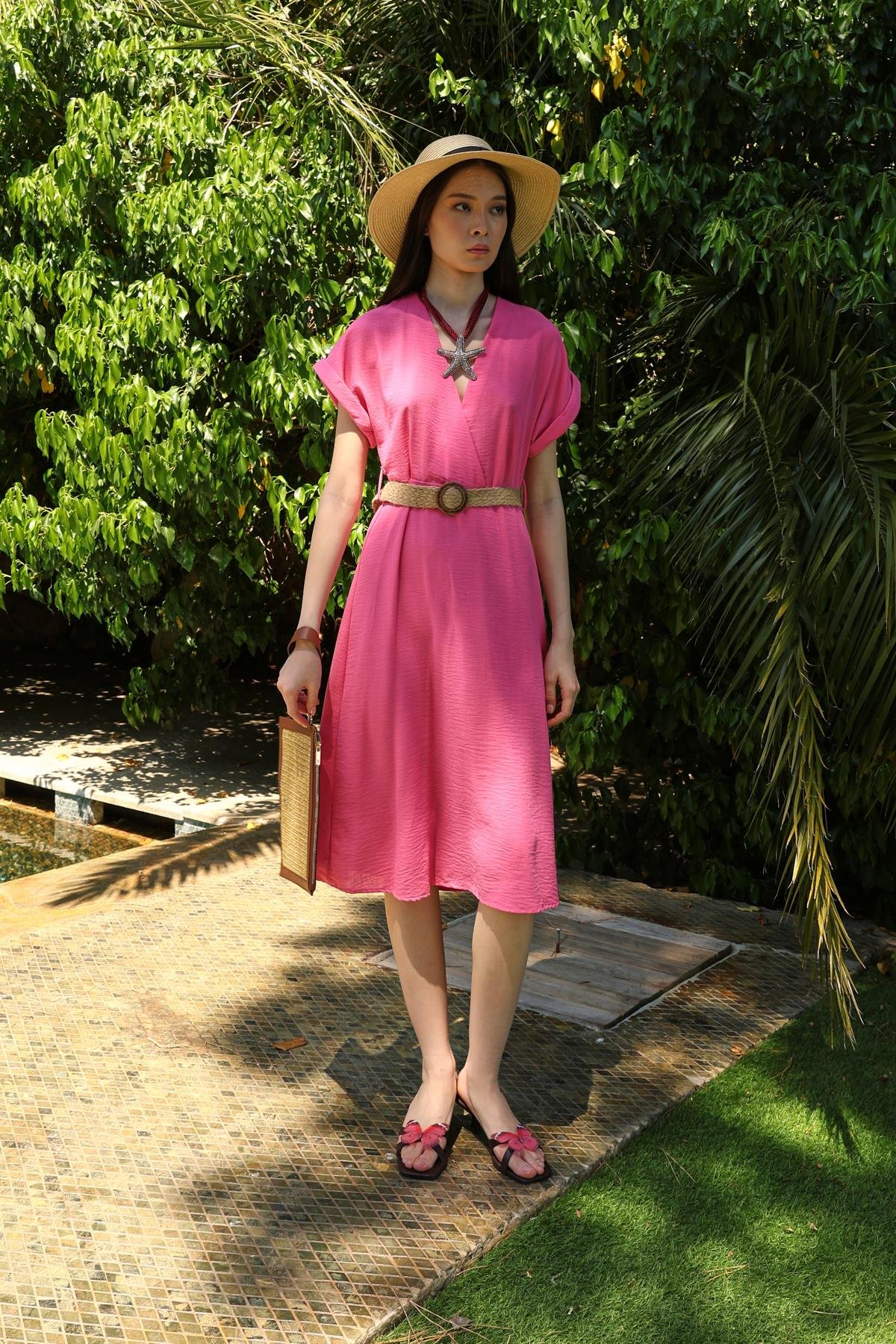Ember Kemerli Elbise Pembe