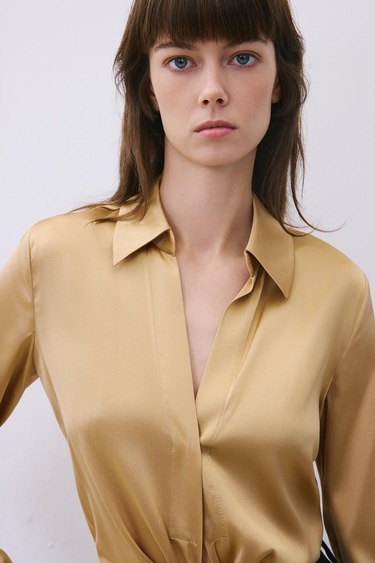Silk Tie-Front Crop Gold Shirt Blouse | Rue Les Crateurs Silk Tie-Front Crop Gold Shirt Blouse | Rue Les Crateurs