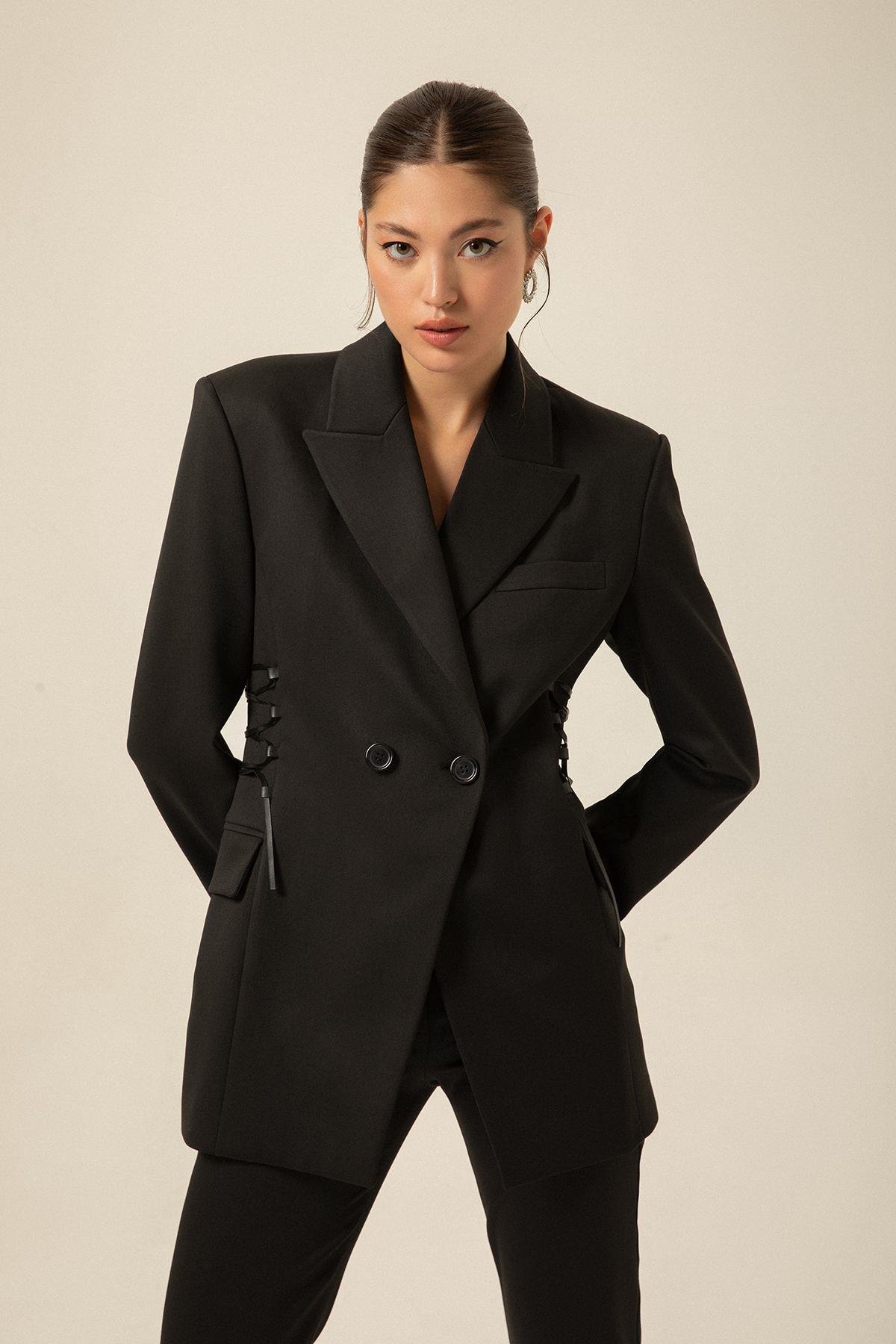 Leather Lace-up Detail Tailored Black Jacket | Rue Les Createurs