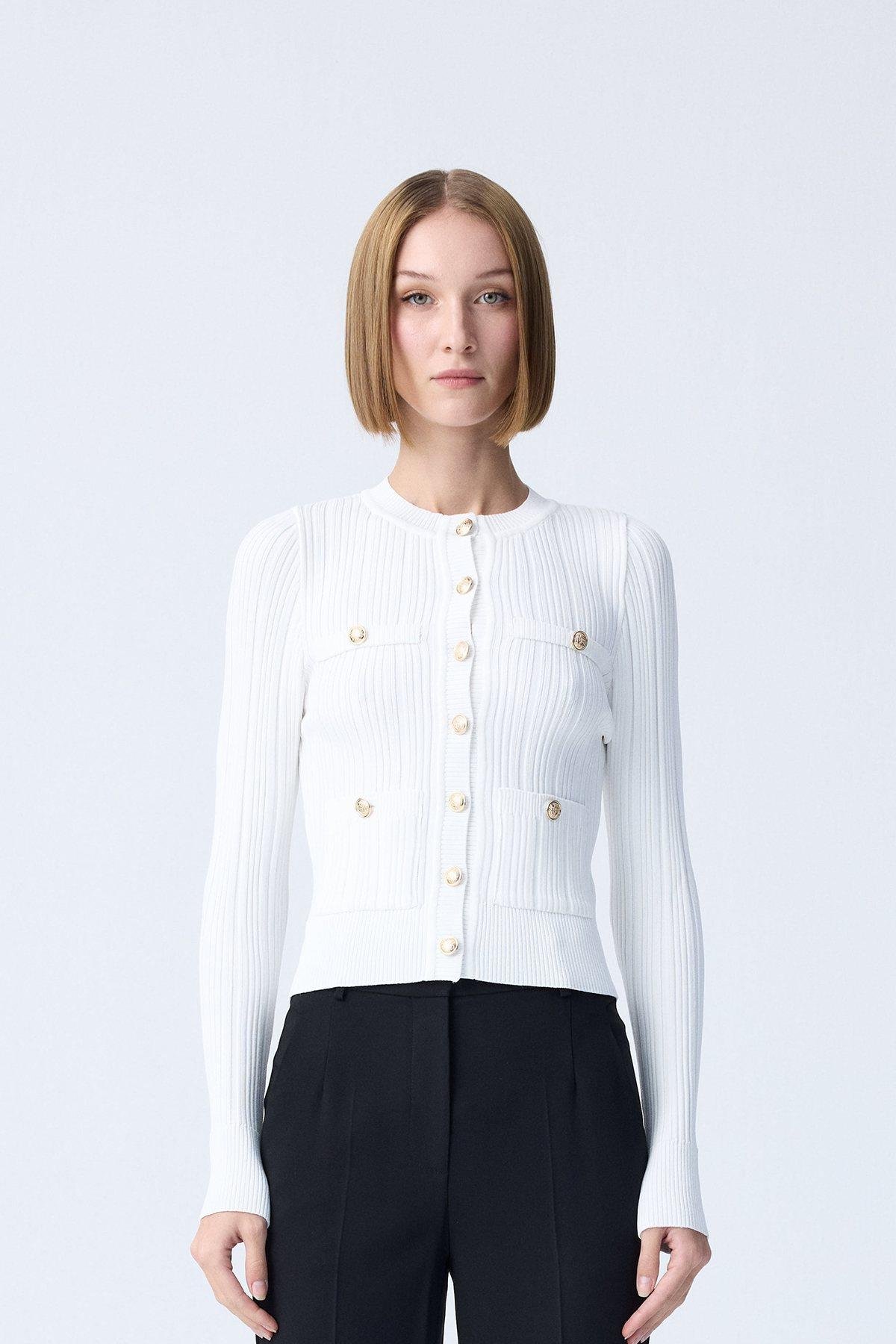 トップス Andequal GOLD BUTTON PUFF SLEEVE KNIT gold button puff