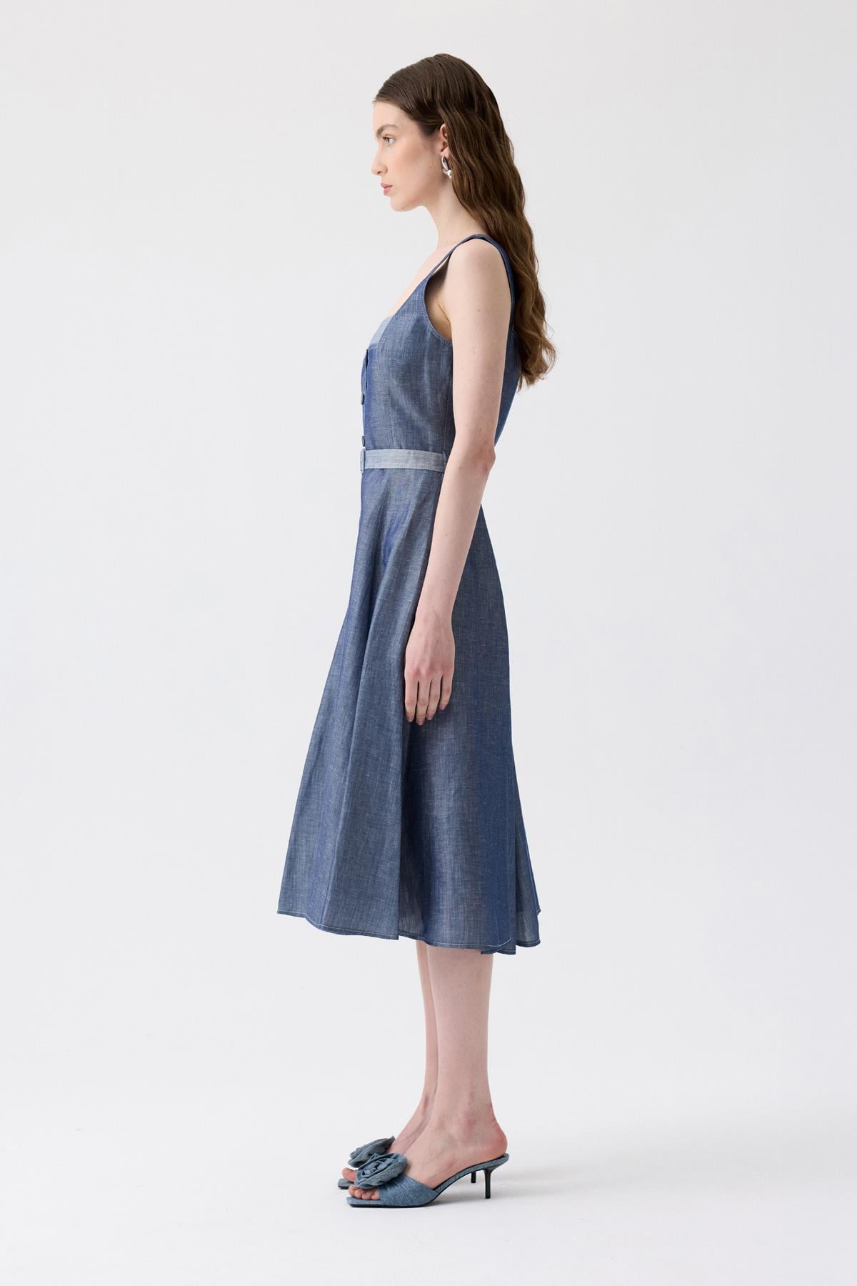 Belted Strappy Flared Navy Blue Dress | Rue Les Createurs