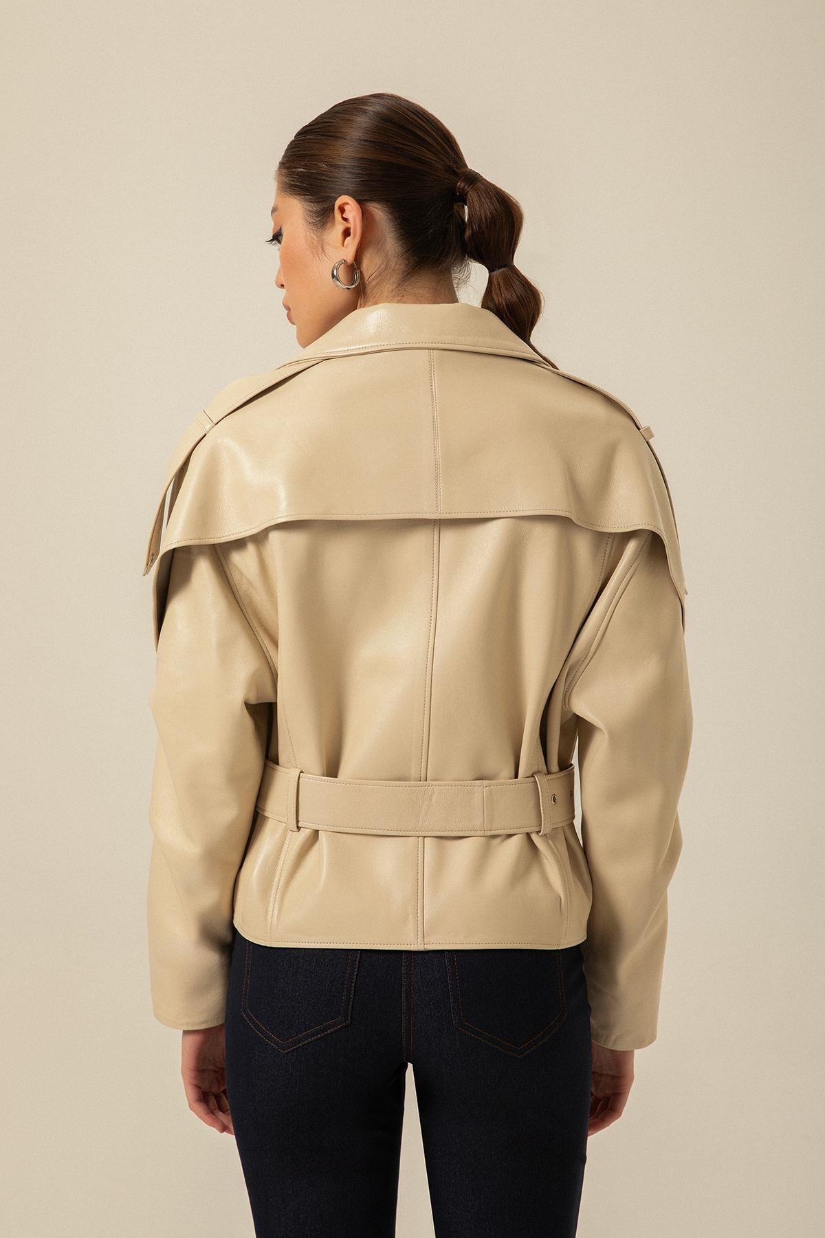 Belted Biker Ecru Leather Jacket | Rue Les Createurs