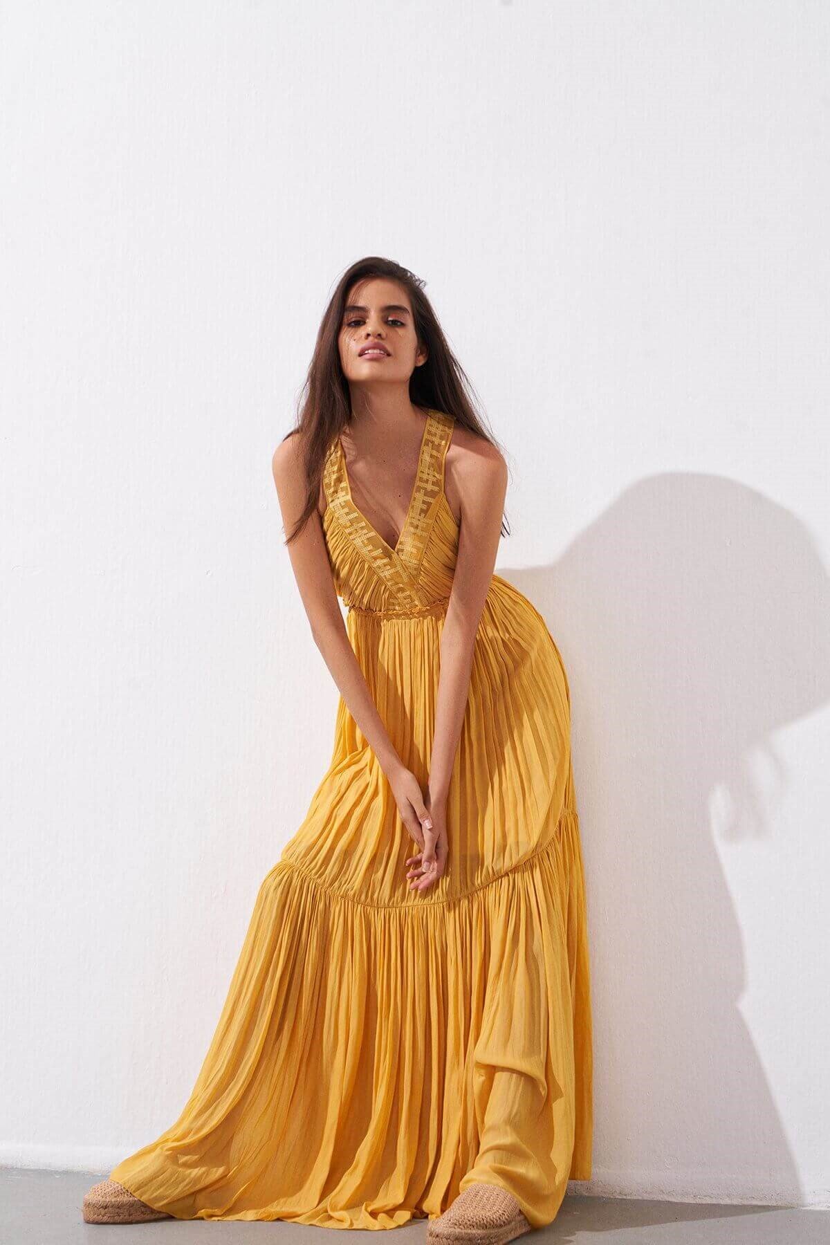 Yellow Flowy Long Dress With Organza Straps | Rue Les Createurs Yellow Flowy Long Dress With Organza Straps | Rue Les Createurs