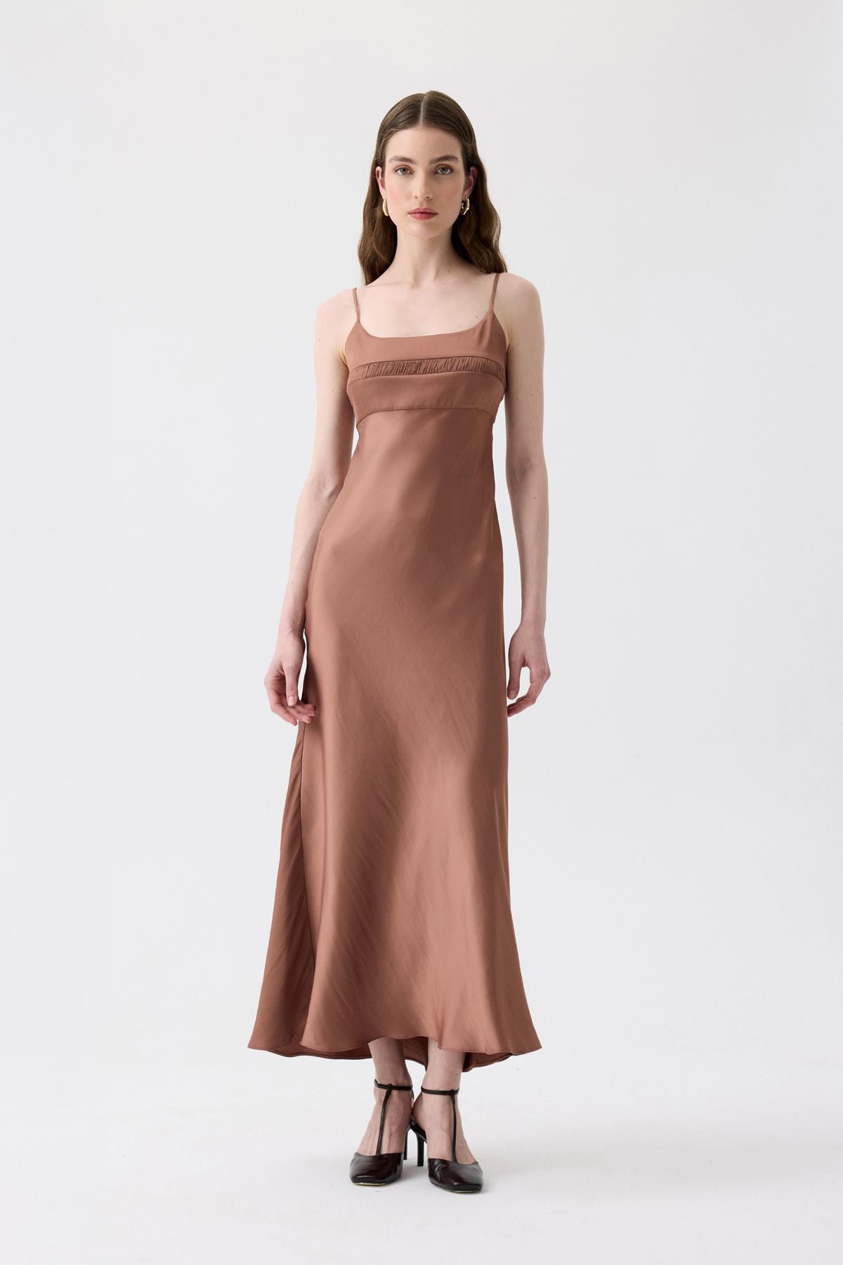 Back Strap Detail Brown Long Dress | Rue Les Createurs