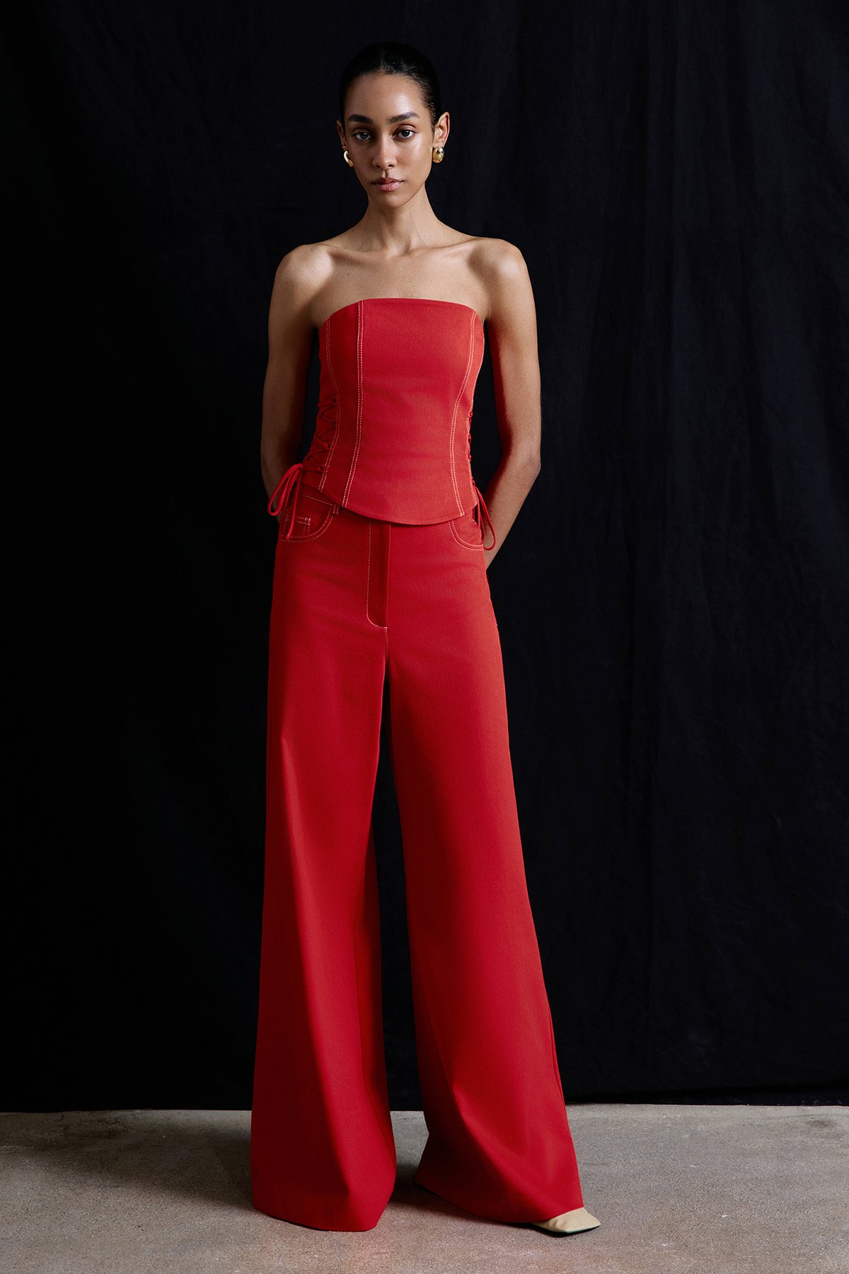 Strapless Denim Textured Crop Coral Bustier | Rue Les Créateurs