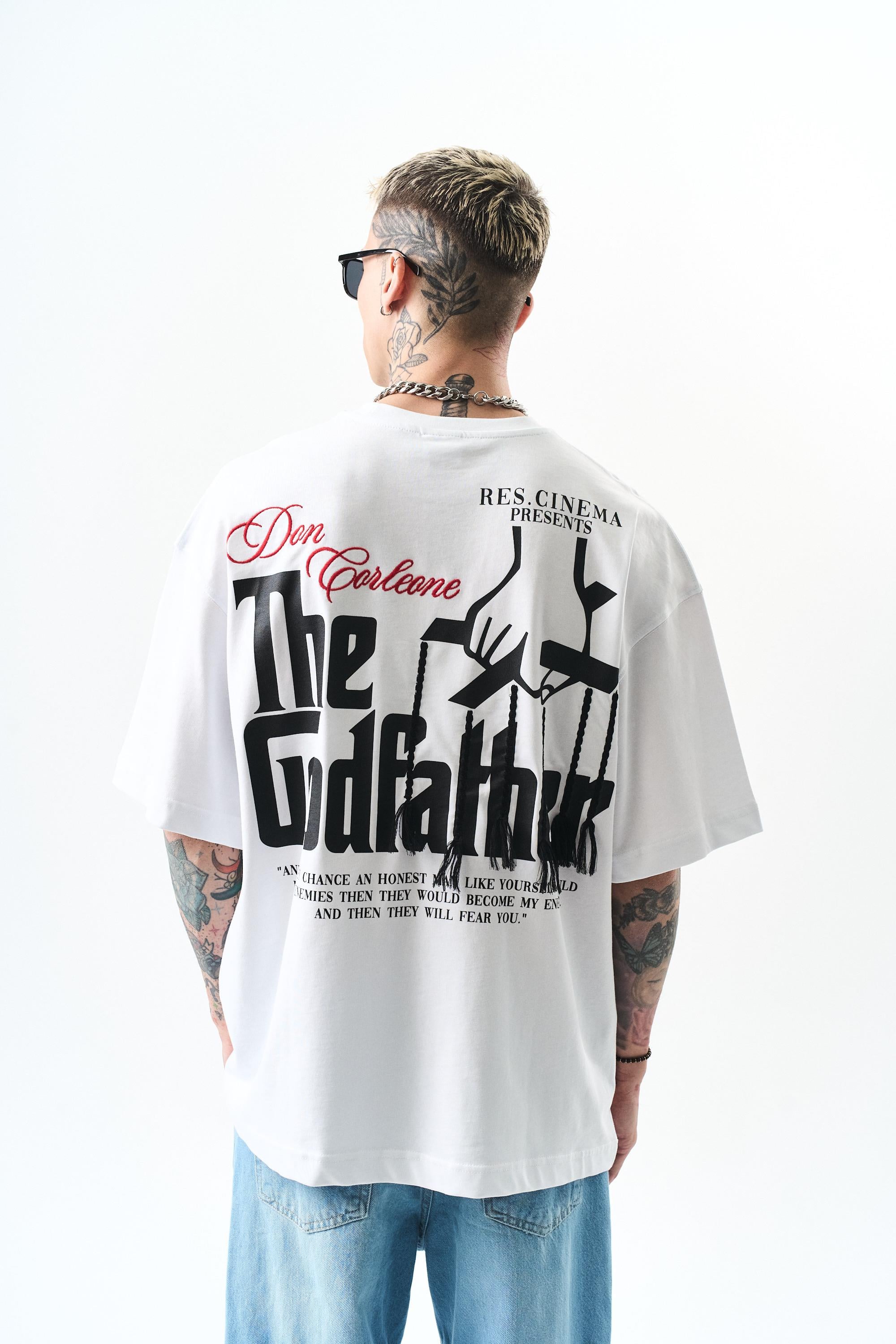 Erkek Godfather Baskılı Oversize T-Shirt Beyaz | Respire