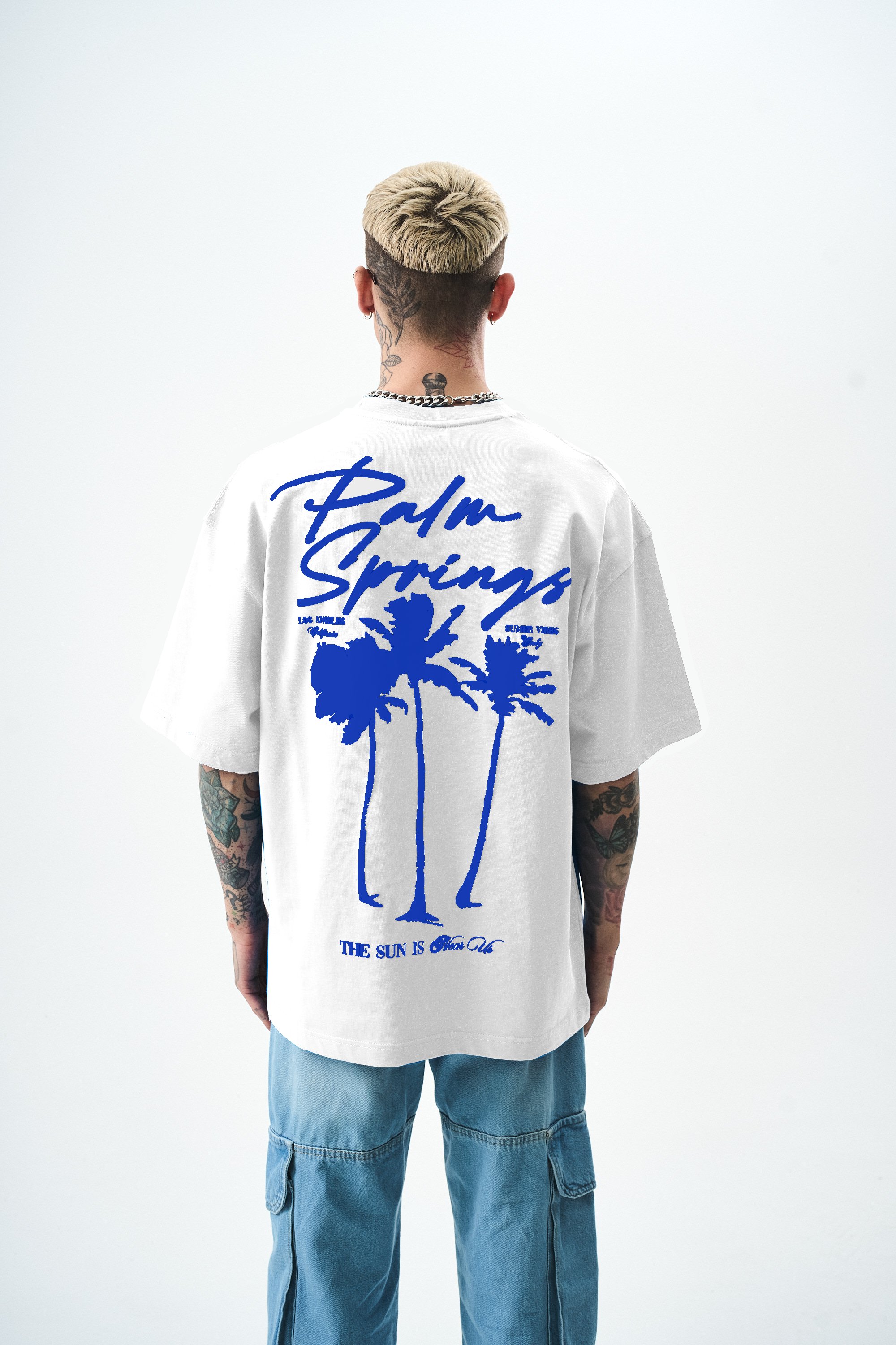 Erkek Palm Baskılı Oversize T-Shirt Beyaz | Respire