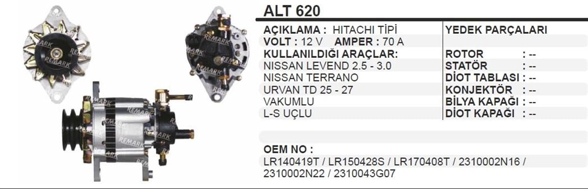 Alternatör 12V 70Ah Bmc Levent Nissan 2 5 Tata 2Fişli (Küçük Vakum) Kare  Soket | Aes Alt620 Oem | AESALT620-OEM | Parcatikla.com