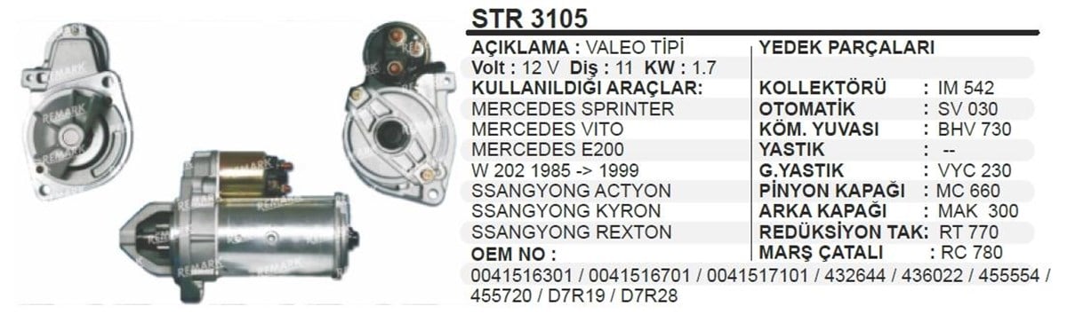 Marş Motoru 12V 11Diş Mercedes Vito Sprinter E200 Ssangyong Actyon | Aes  Str3105 | AESSTR3105 | Parcatikla.com