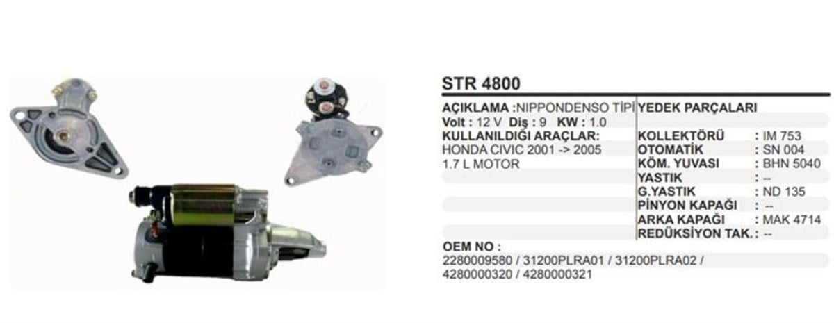 Marş Motoru 12V 9Diş Honda Cıvıc Denso Tip Honda Cıvıc 1 7 1 6 İes 2001 Es  Vtec 2001 2005 | Remark Str4800 | REMARKSTR4800 | Parcatikla.com