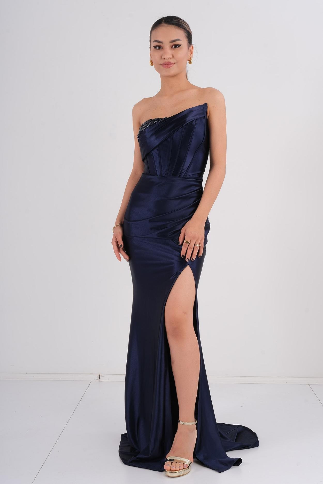 strapless open back dress Black Satin Love Nightwear
