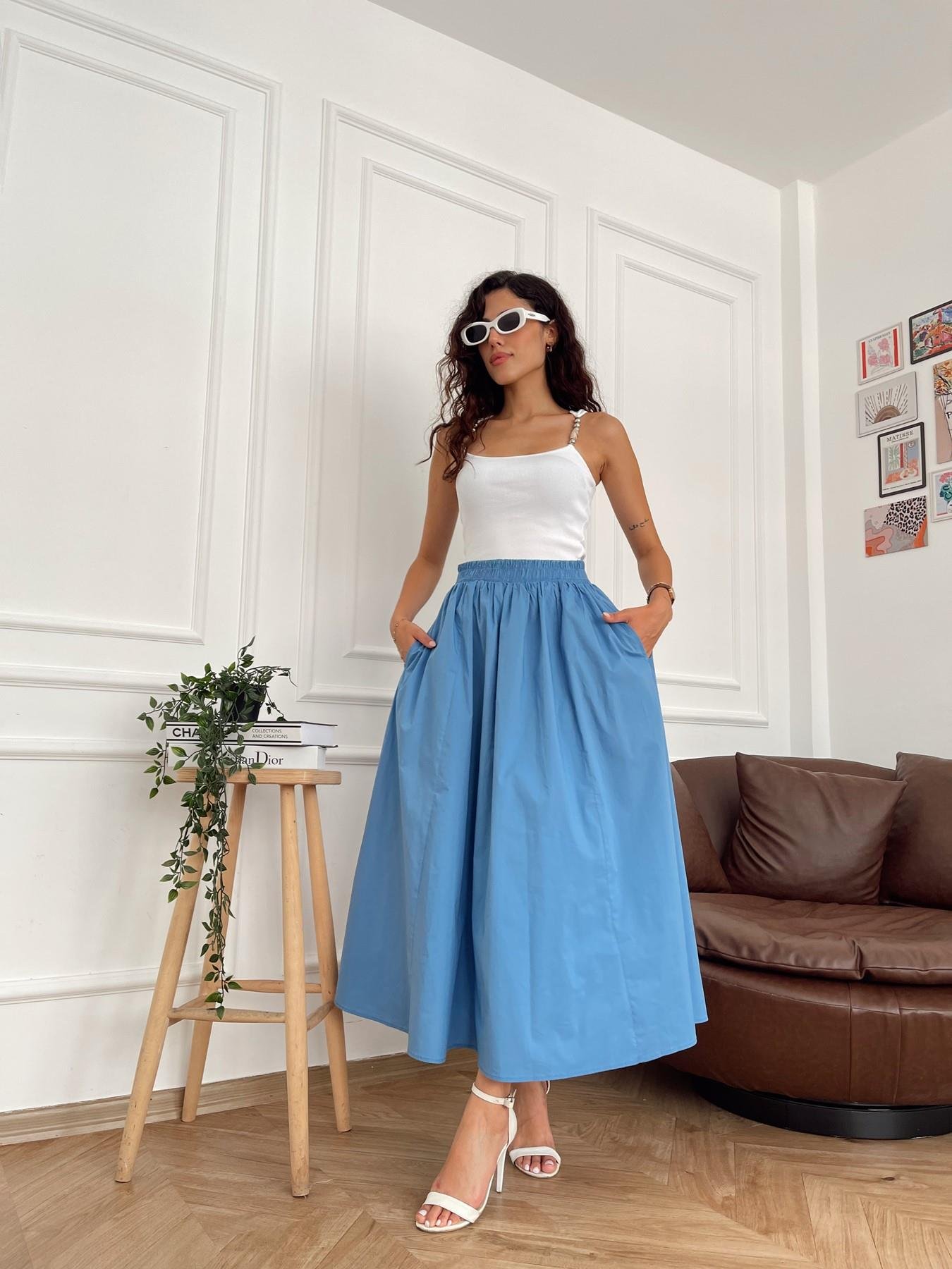 Beli Lastikli Uzun Çan Etek MAVİ - Erşan Giyim