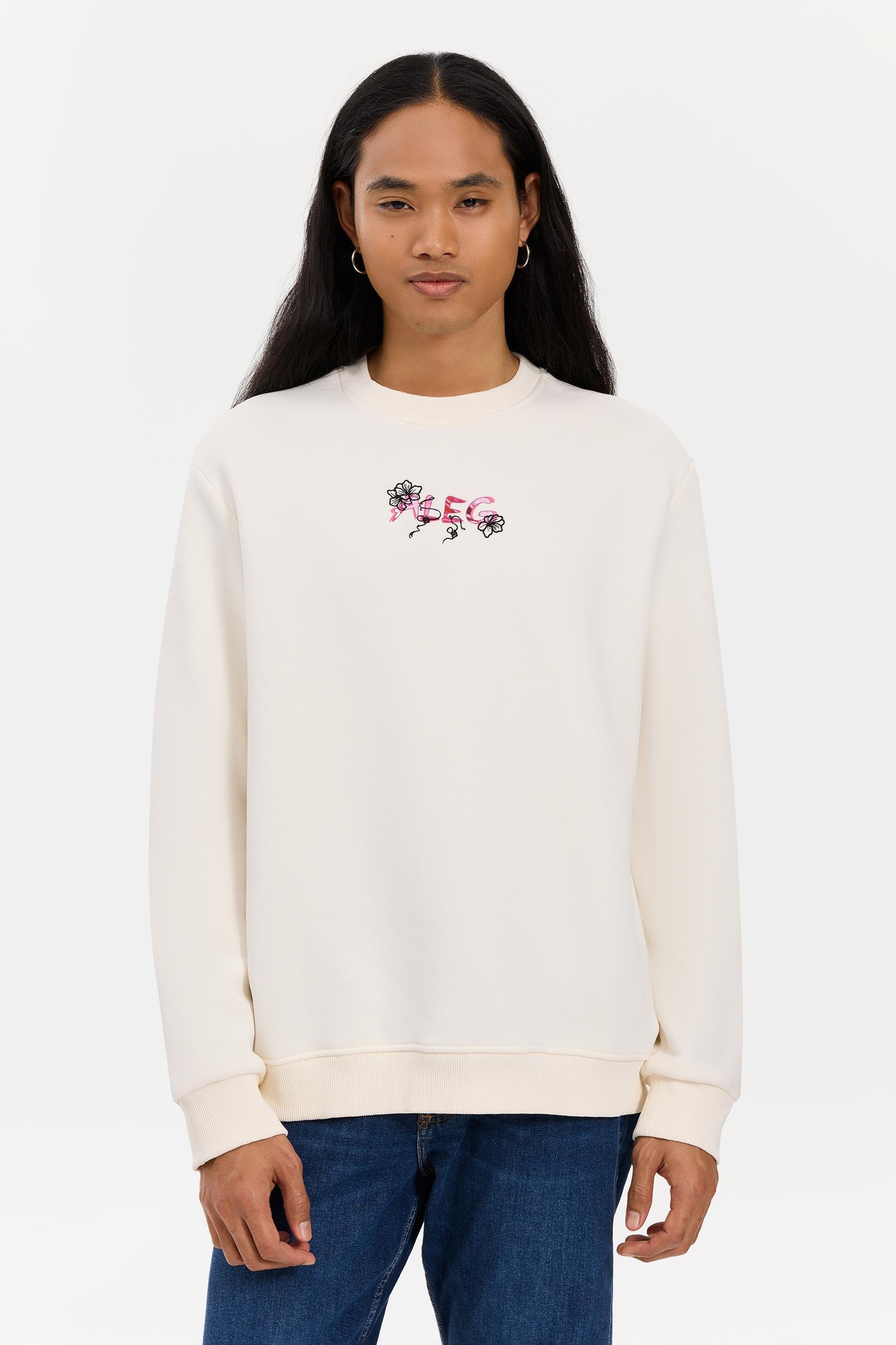 Ekru Erkek Sweatshirt - ALEG Solistice 009 Sakura Desenli