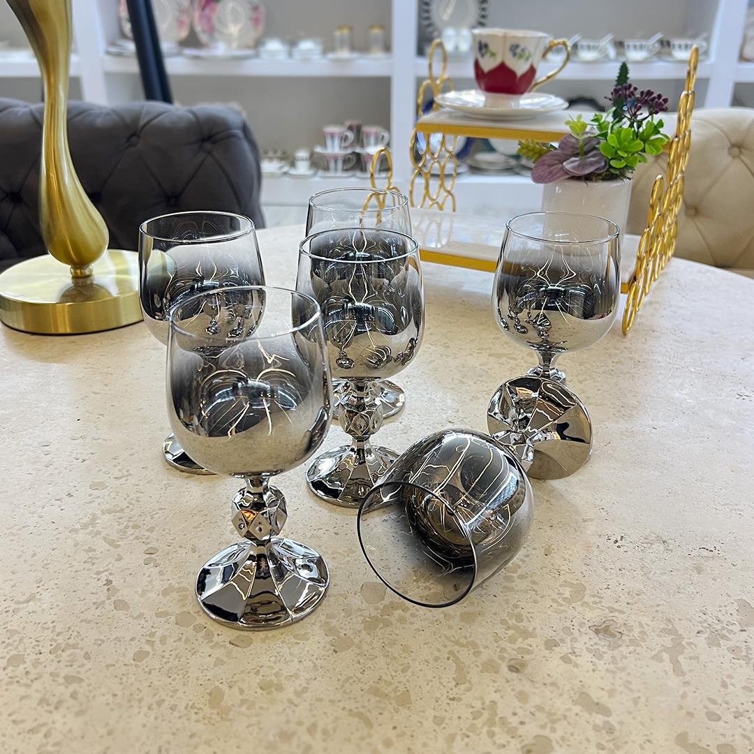 Matmazel - Bohemia Kristal 6 Lı Bardak Dekorlu - Gümüş