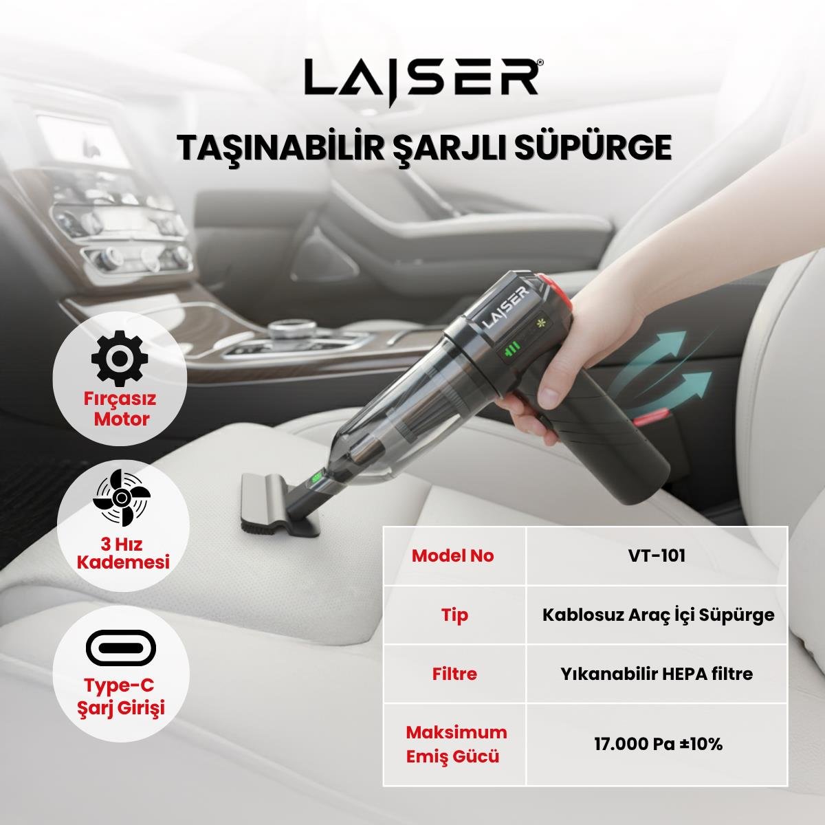 Laiser Mini, Katlanabilir LED Ekranlı 17.000 PA 3ın1 Çekme-Vakum