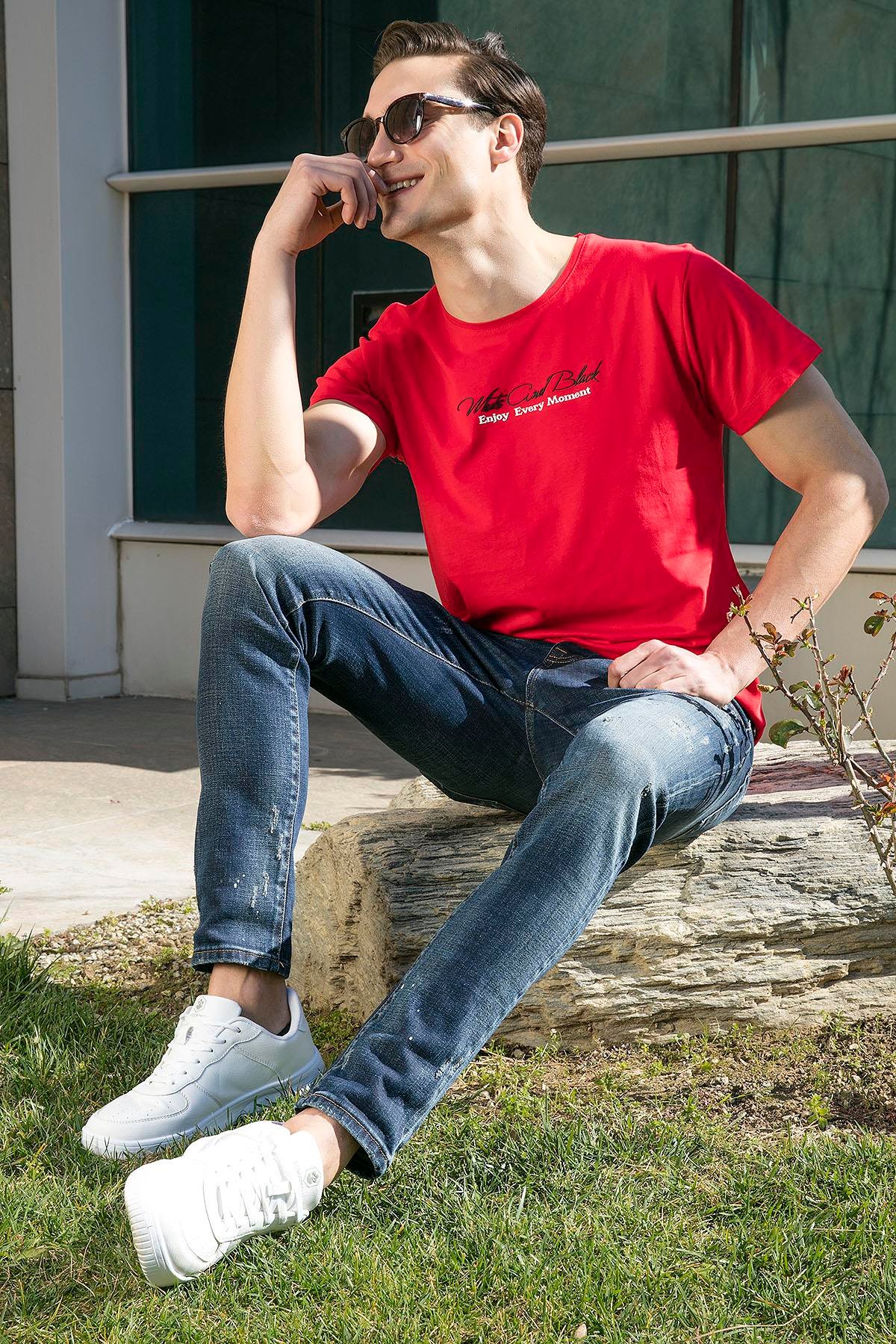 Buratti Pamuklu Slim Fit Bisiklet Yaka Yazılı Erkek T Shirt
