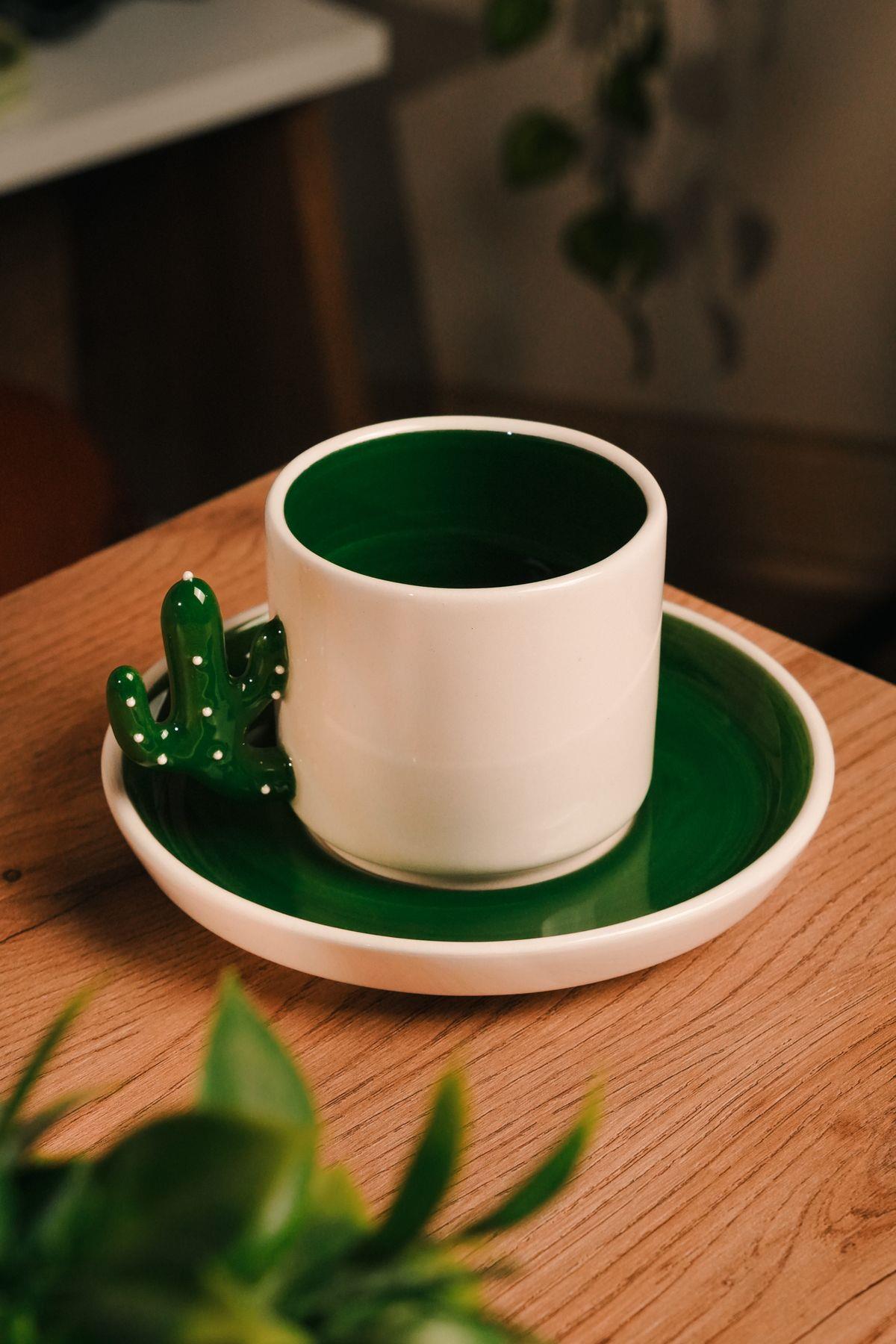 Seramik Kakts Desenli Mug | Kahve | ay | Filtre Kahve | Espresso | 2  Para | 180 ml Kahve Bardaklar