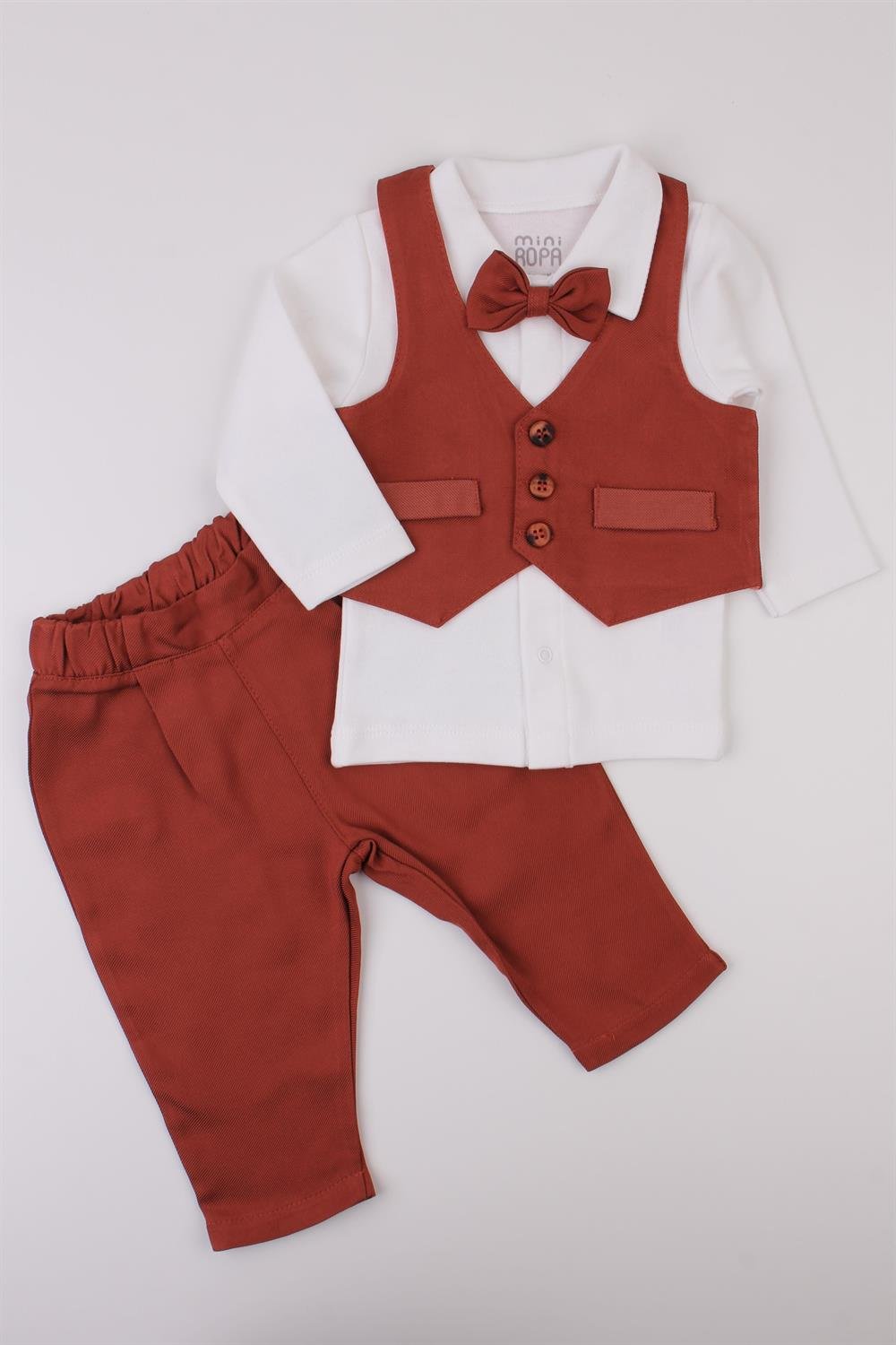 Bordo Kendinden Desenli Yelekli Erkek Bebek Takım Bebek Takım Elbise Özel  Gün Kıyafeti