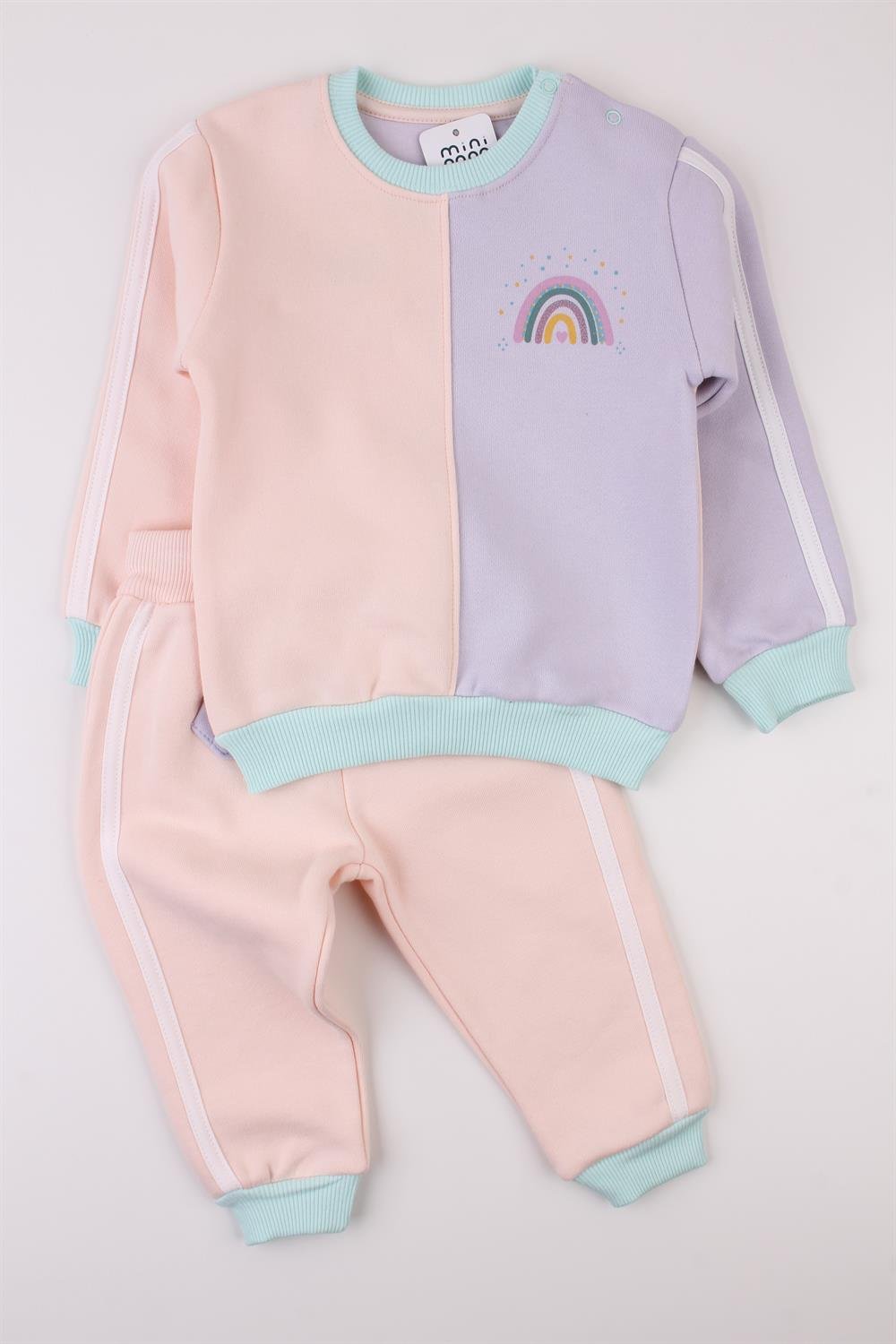 Rainbow Şardonlu Kız Bebek Eşofman Takımı Kışlık Renkli Kız Alt Üst Takım