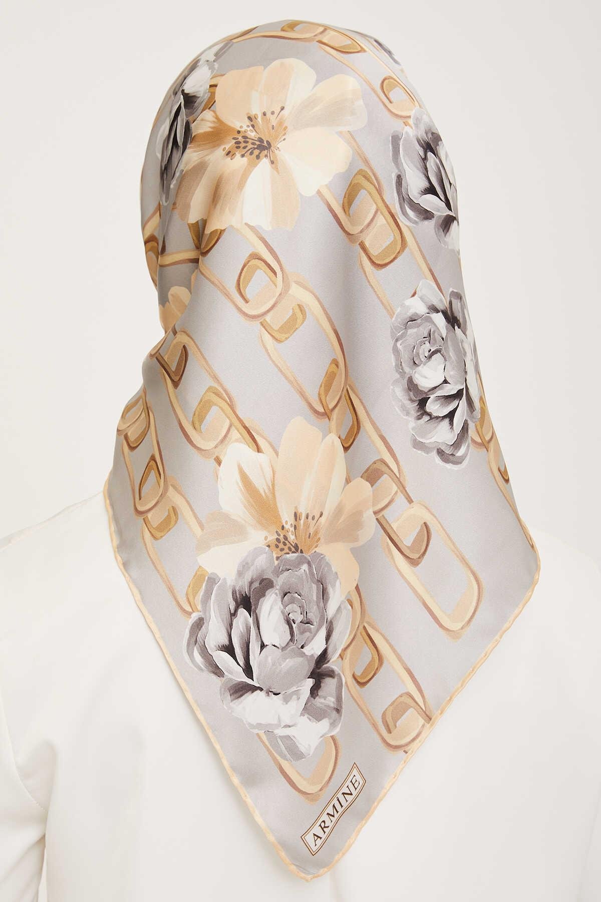 Neutral Colored Silk Twill Tie Scarf With Floral Detailing