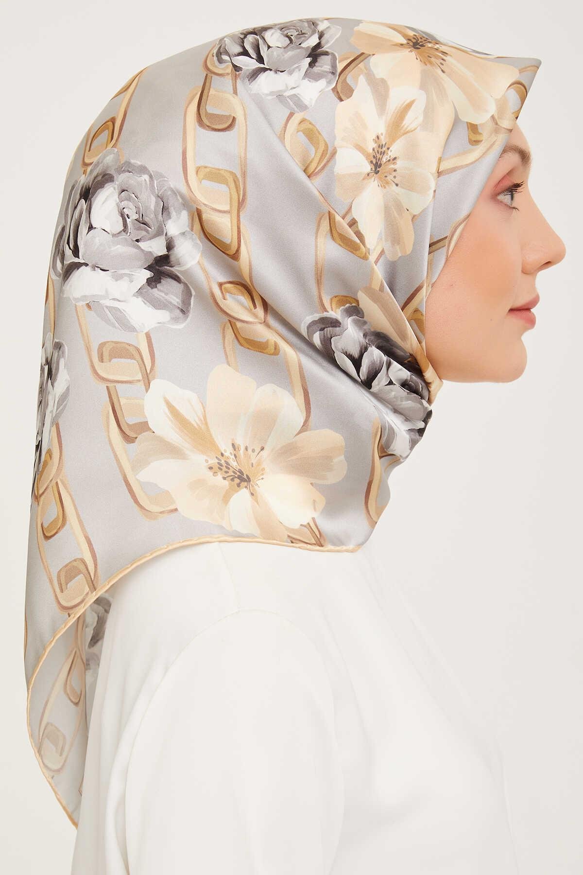 Neutral Colored Silk Twill Tie Scarf With Floral Detailing