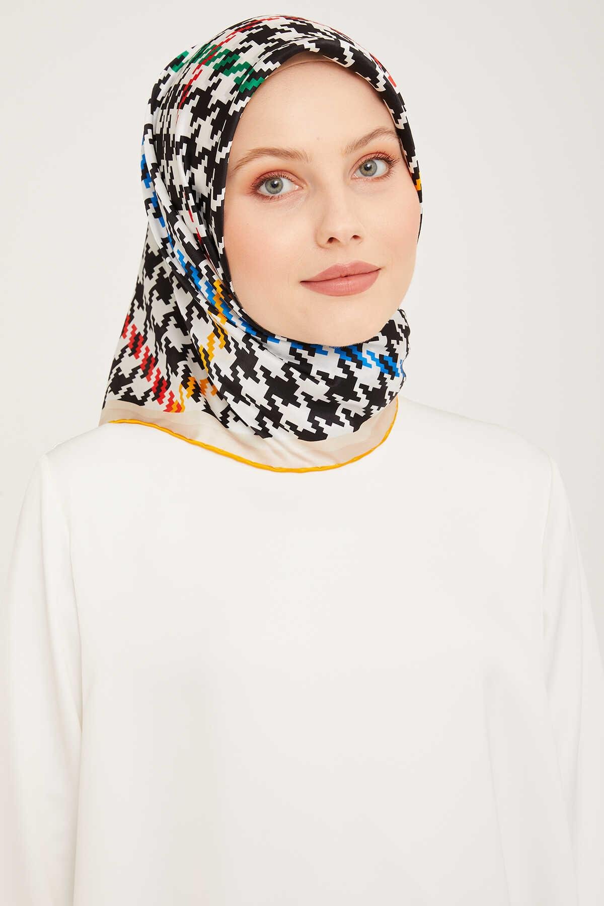 Armine Yellow Patterned Twill Silk Scarf 9000-09 Color: Black, white,  yellow, red, green, blue