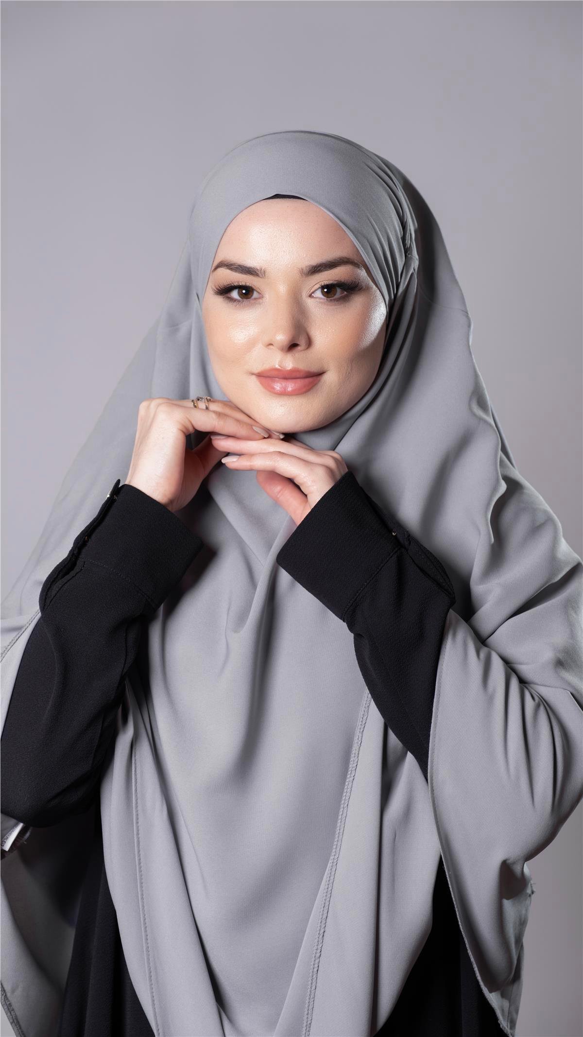 Gri Pratik Hazır Geçmeli Tesettür Eşarp Medine İpeği Bağcıklı Çift Katlı  Sufle Hijab 2302_15