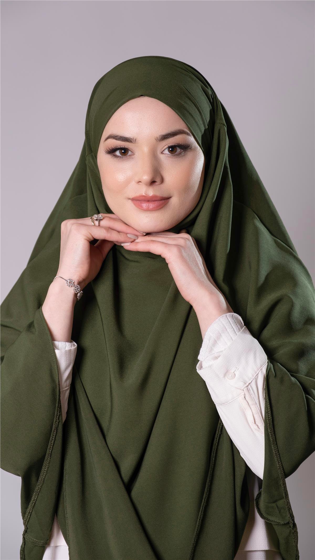 Haki Pratik Hazır Geçmeli Tesettür Eşarp Medine İpeği Bağcıklı Çift Katlı  Sufle Hijab 2302_09