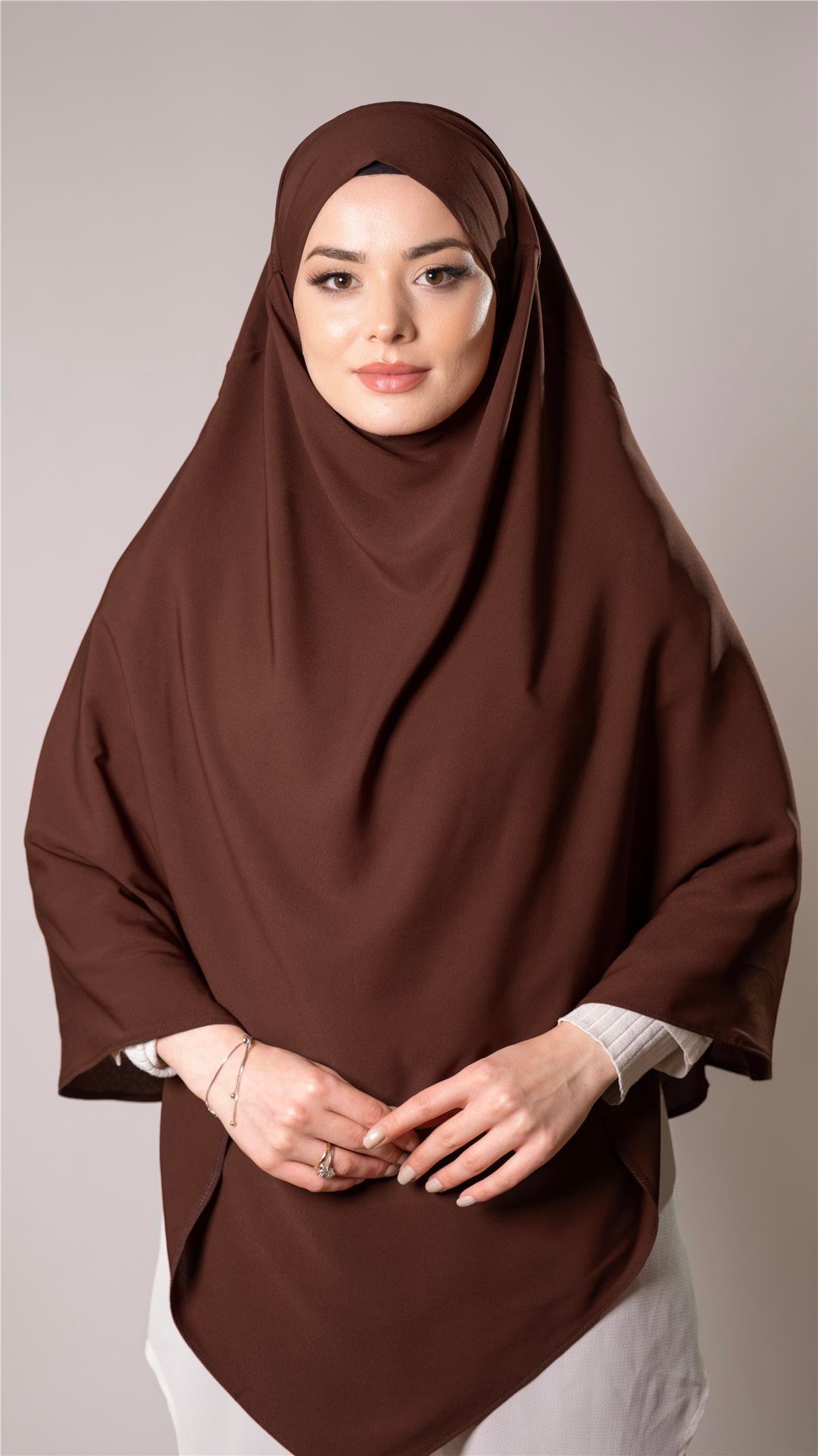Kahverengi Pratik Hazır Geçmeli Tesettür Eşarp Medine İpeği Bağcıklı Çift  Katlı Sufle Hijab 2302_14