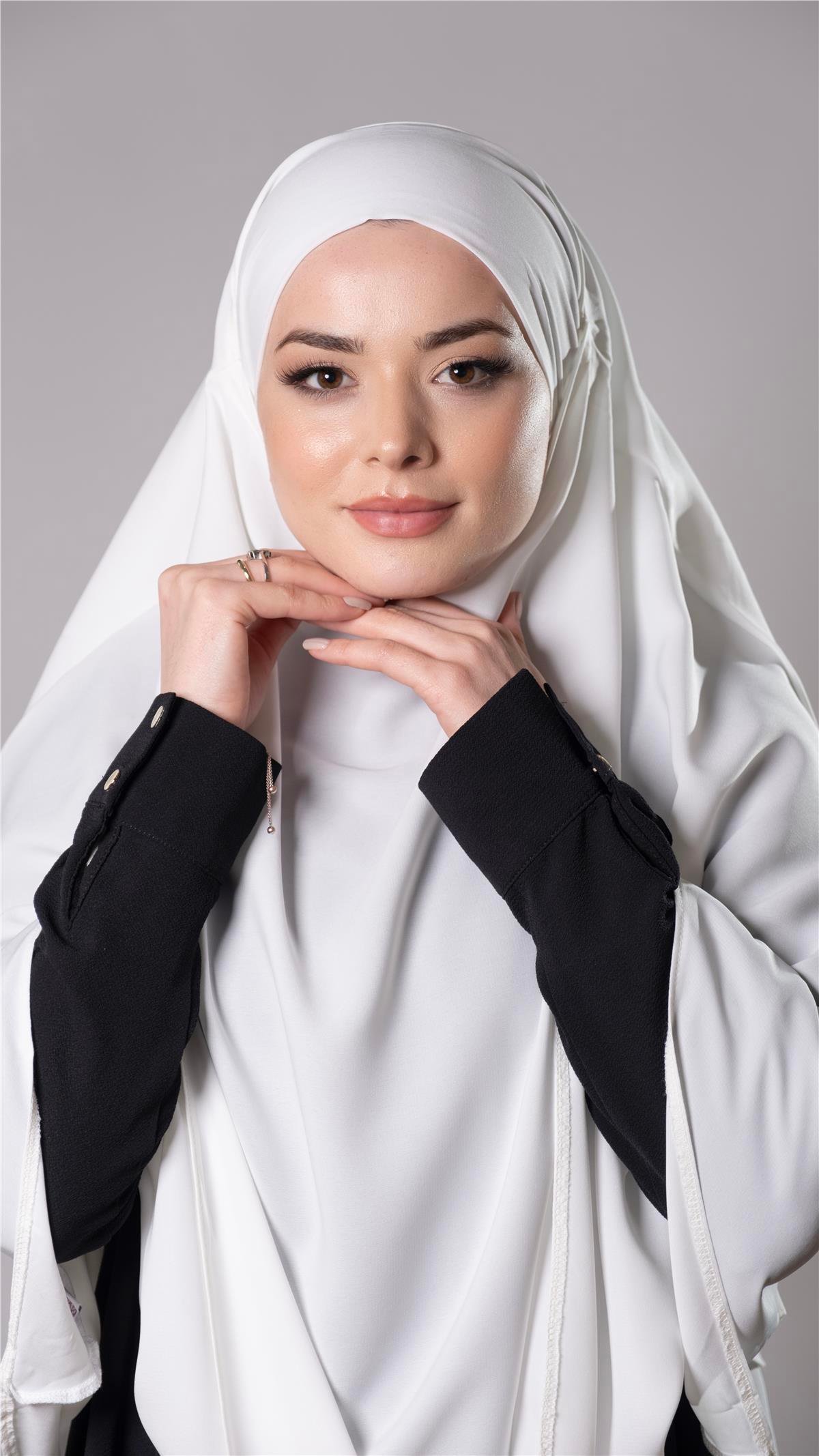 Krem Pratik Hazır Geçmeli Tesettür Eşarp Medine İpeği Bağcıklı Çift Katlı  Sufle Hijab 2302_40