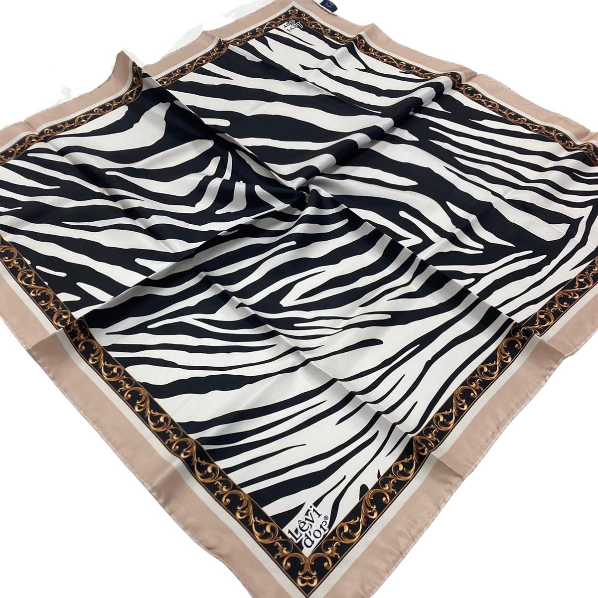 Levidor Powder Zebra Pattern Twill Silk Scarf 20739 Colour: Powder, white,  gold, black
