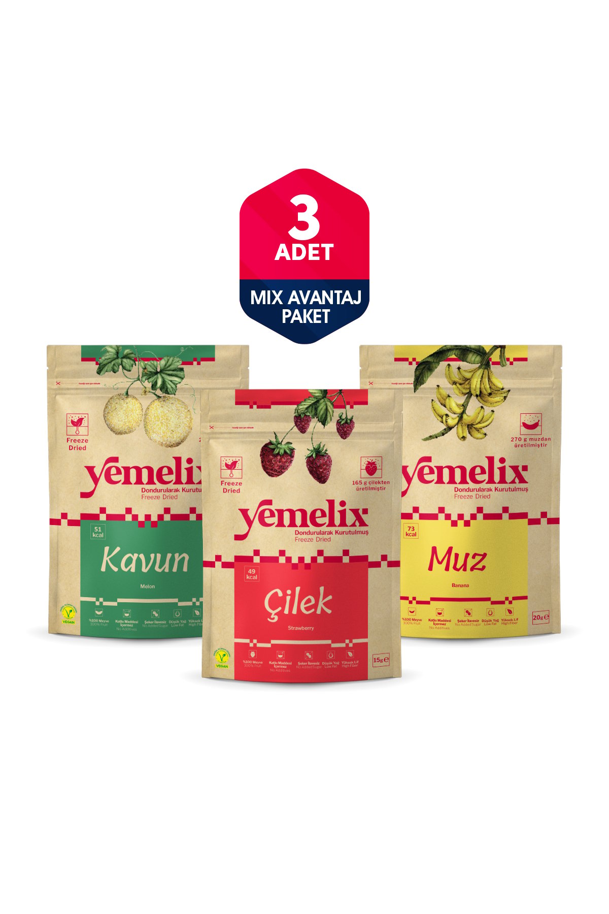 Freeze Dried 3'lü Mix Avantaj Paketi Dondurularak Kurutulmuş Çilek