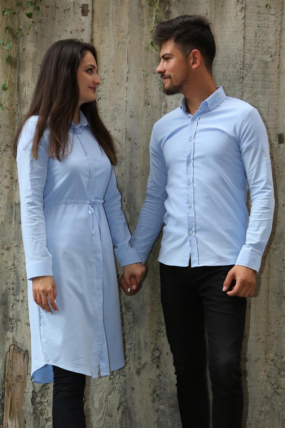 Armürlü Bengalin Düz Likralı Mavi Tesettür Gömlek Sevgili Kombini  giygit.com | Bay ve Bayan Giyim ve Sevgili Kombinleri