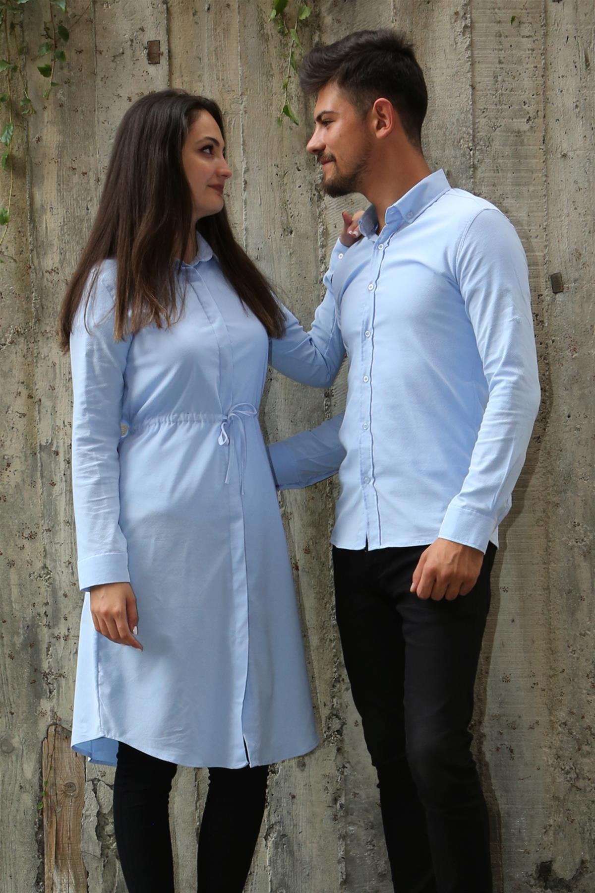 Armürlü Bengalin Düz Likralı Mavi Tesettür Gömlek Sevgili Kombini  giygit.com | Bay ve Bayan Giyim ve Sevgili Kombinleri