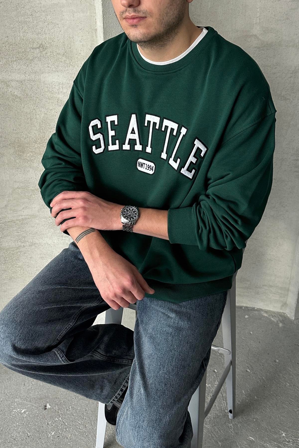 Erkek Seattle Baskılı Oversize Sweatshirt Yeşil
