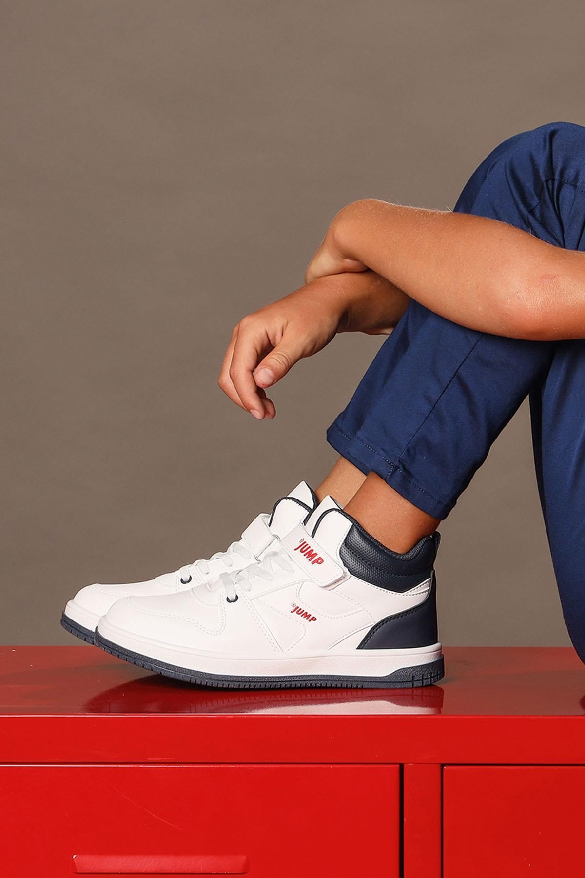 27758 Cırtlı Yüksek Bilekli Beyaz - Lacivert Üniseks Çocuk Sneaker