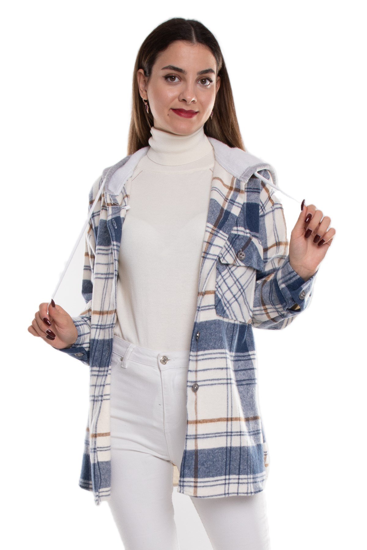 Ekose Kapüşonlu Oduncu Düğmeli Kadın Tunik Gömlek