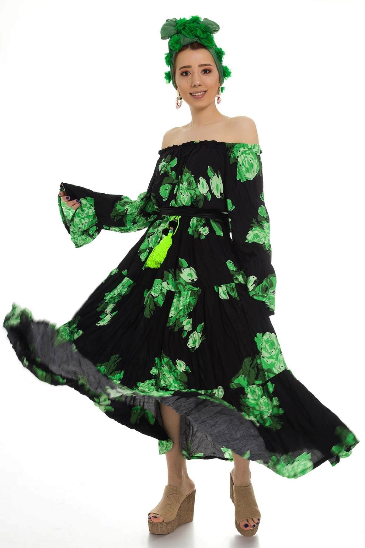 ADN165 Yakası Lastikli Beli Bağlamalı Çiçekli Bohem Elbise