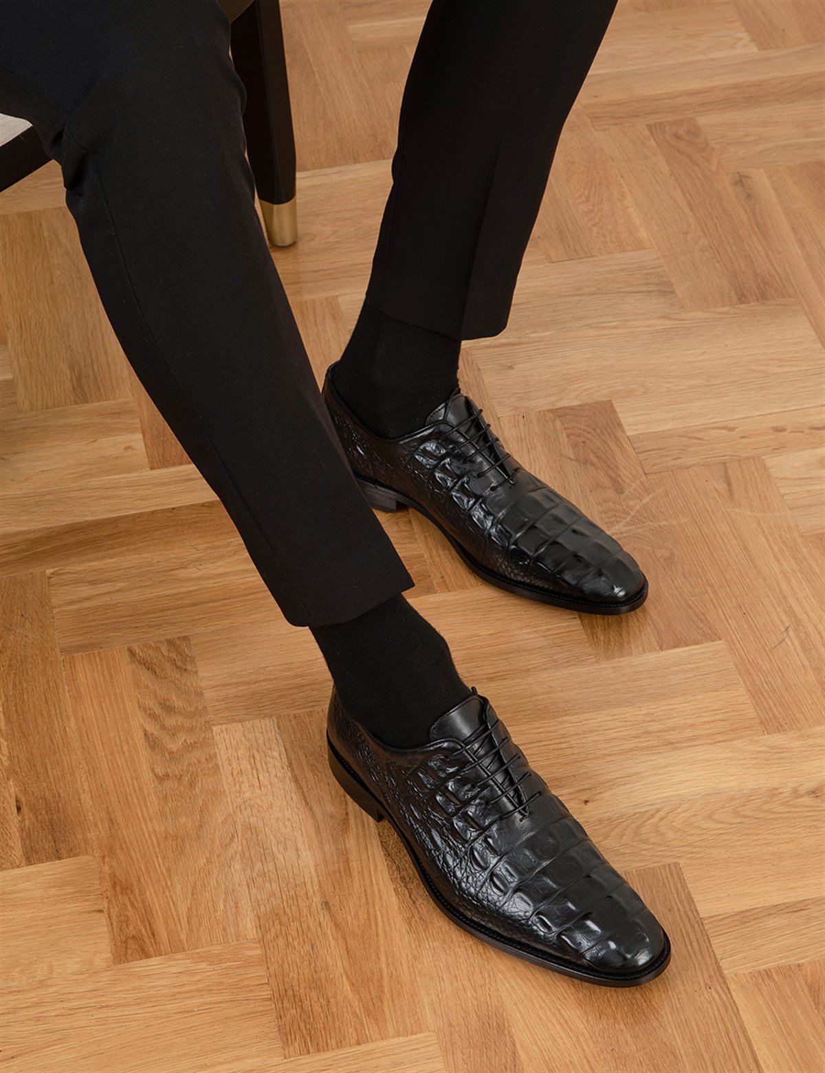 Rubus Hakiki Antik Deri Erkek Siyah Timsah Baskı Klasik Ayakkabı - iLVi