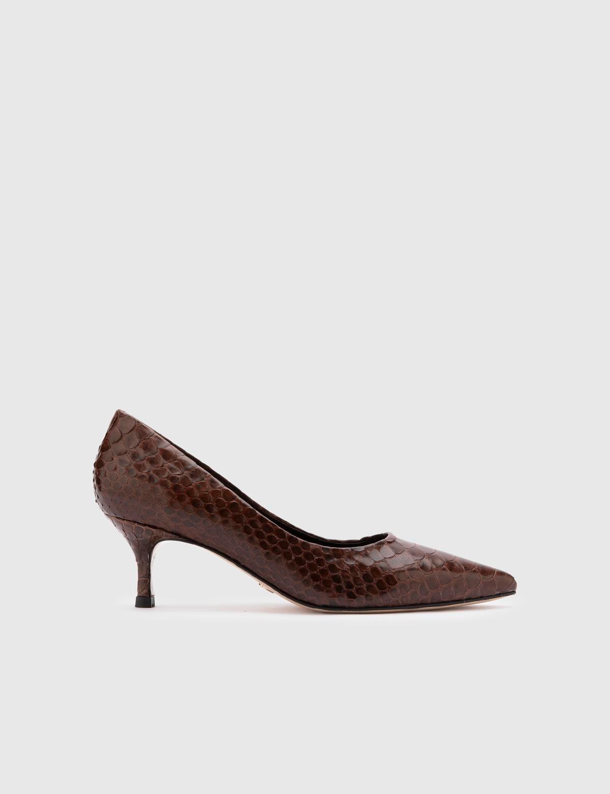 Sarh Hakiki Yılan Deri Kadın Kahverengi Topuklu Ayakkabı - iLVi