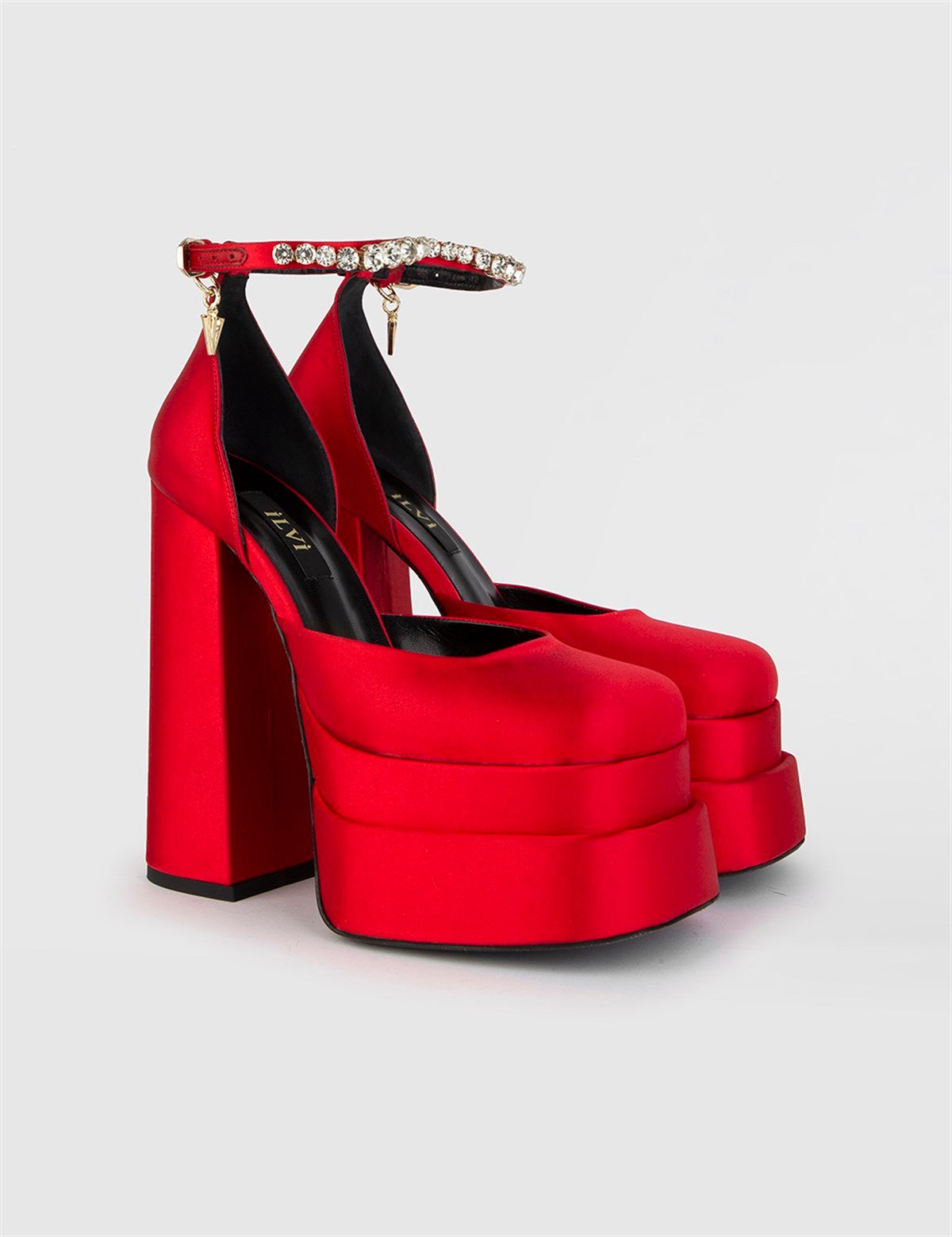 Valeri Saten Hakiki Deri Kadın Kırmızı Topuklu Sandalet - iLVi