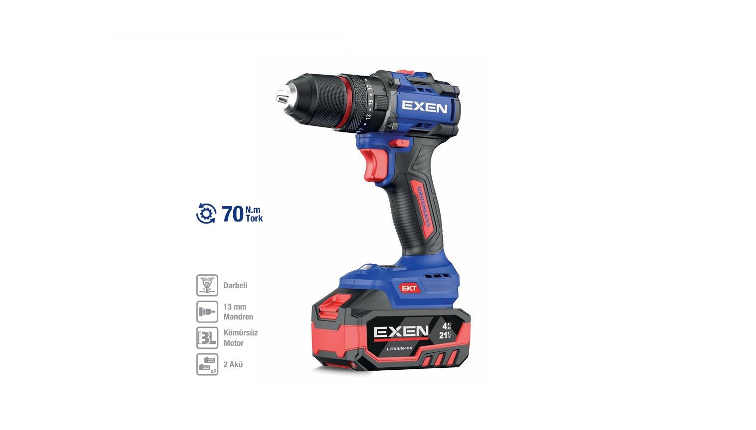 EXEN EN 274 DS 21 V. 4 AH. 70 NM. KÖMÜRSÜZ DARBELİ ŞARJLI MATKAP