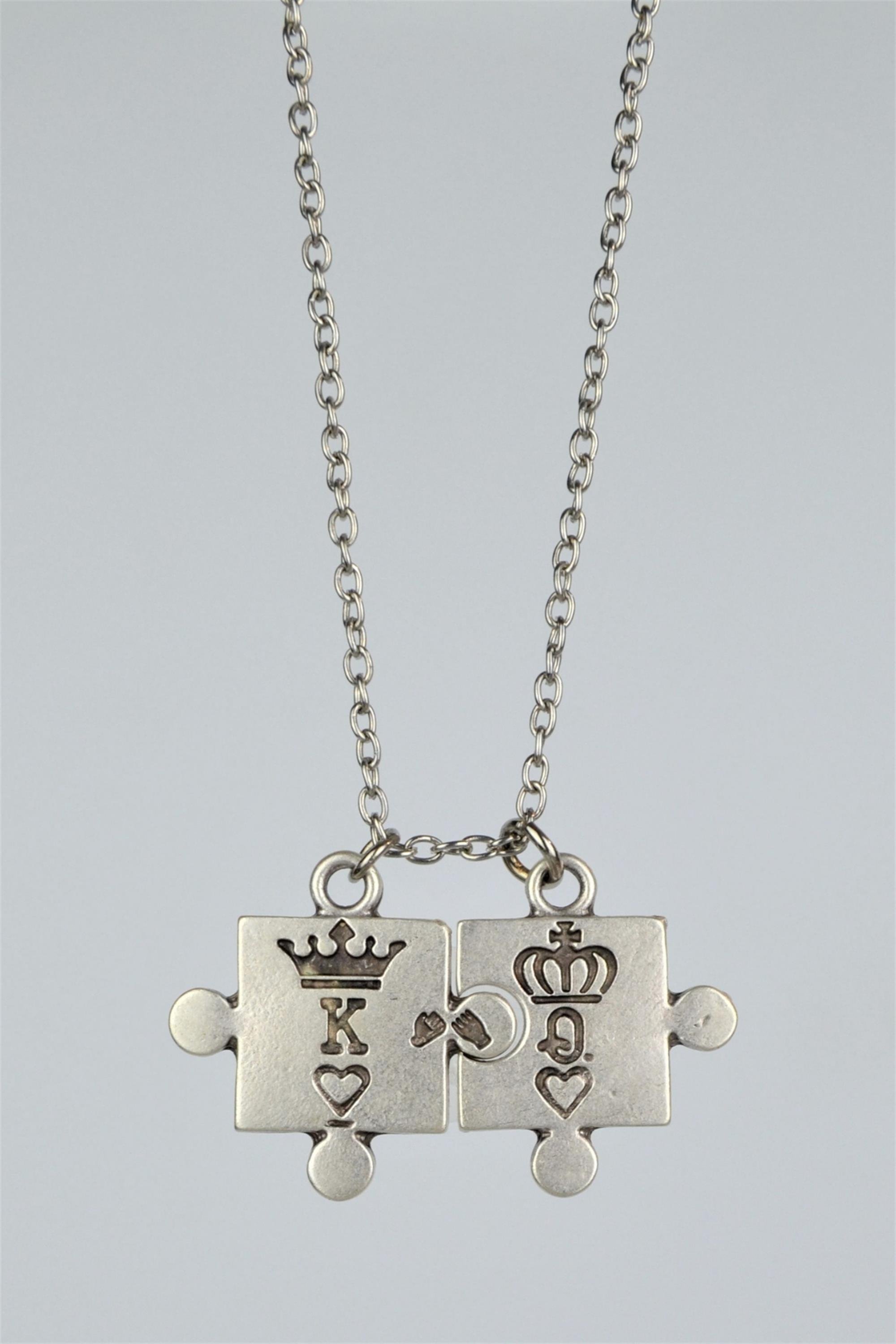 King - Queen Puzzle Sevgili Kolye Erkek Kadın Antik Gümüş Kaplama 60 cm  Zincir