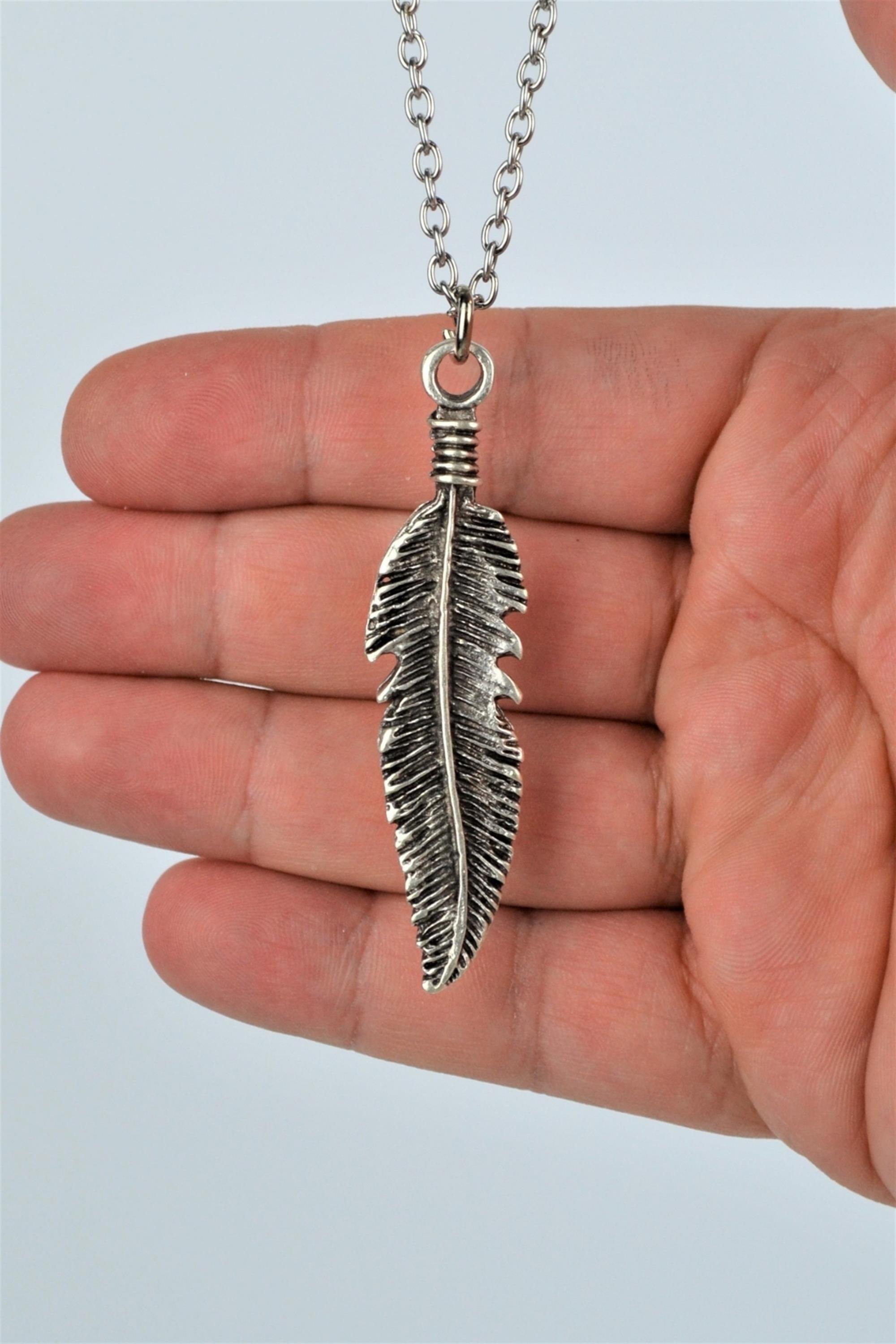 Kuş Tüyü Kolye Erkek Kadın Antik Gümüş Kaplama 60 cm Zincir