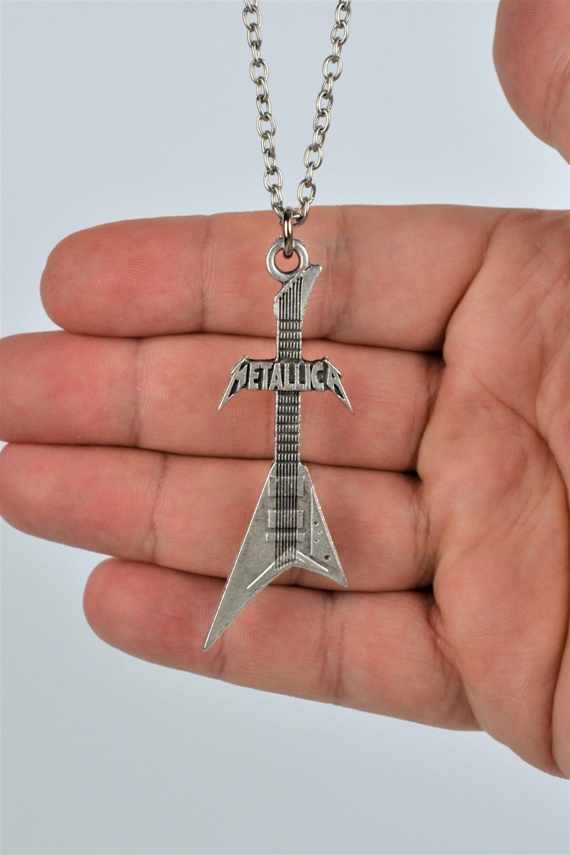 Metallica - Elektro Gitar Kolye Erkek Kadın Antik Gümüş Kaplama 60 cm Zincir