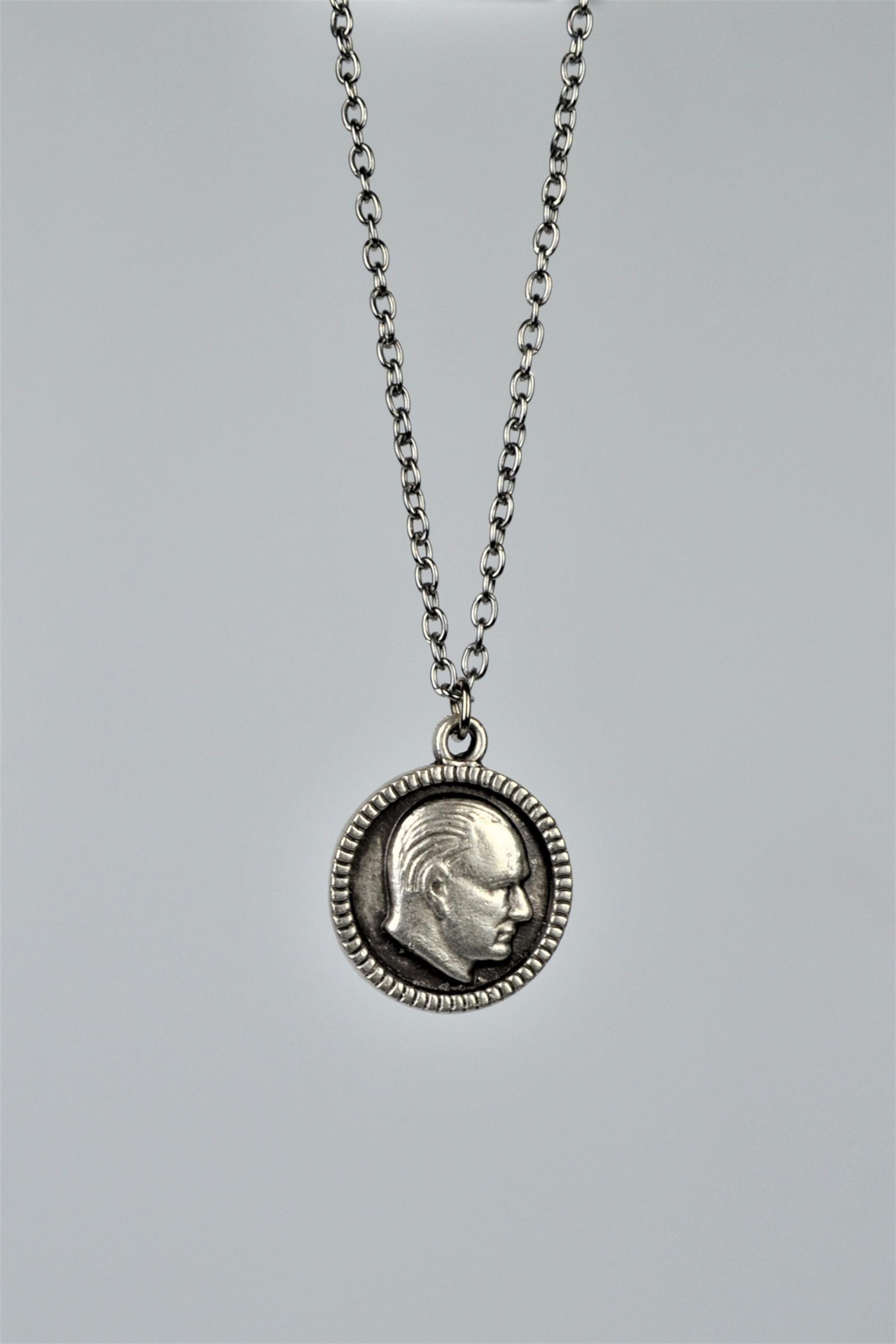 Mustafa Kemal Atatürk Madalyon Kolye Erkek Kadın Antik Gümüş Kaplama 60 cm  Zincir