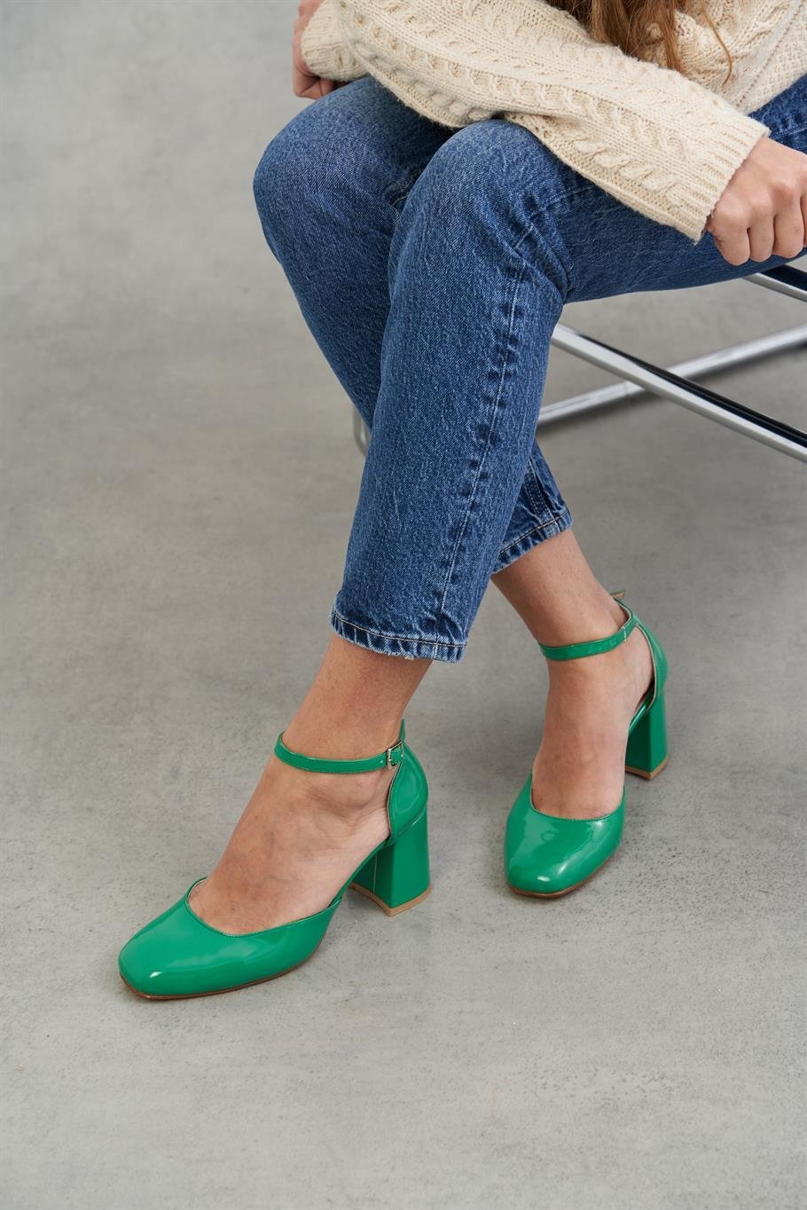 Hermony Yeşil Rugan Hakiki Deri Topuklu Ayakkabı | Ece'nin Butiği