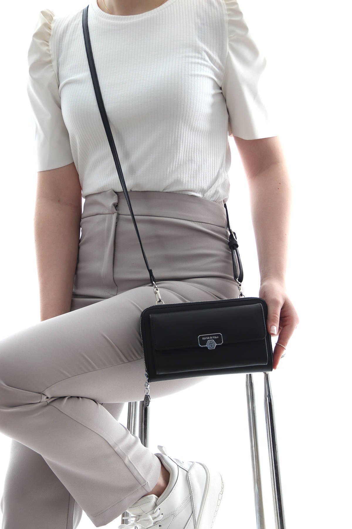 Silver & Polo Siyah - Siyah SP921 Kadın Askılı Cüzdanlı Telefon Çantası