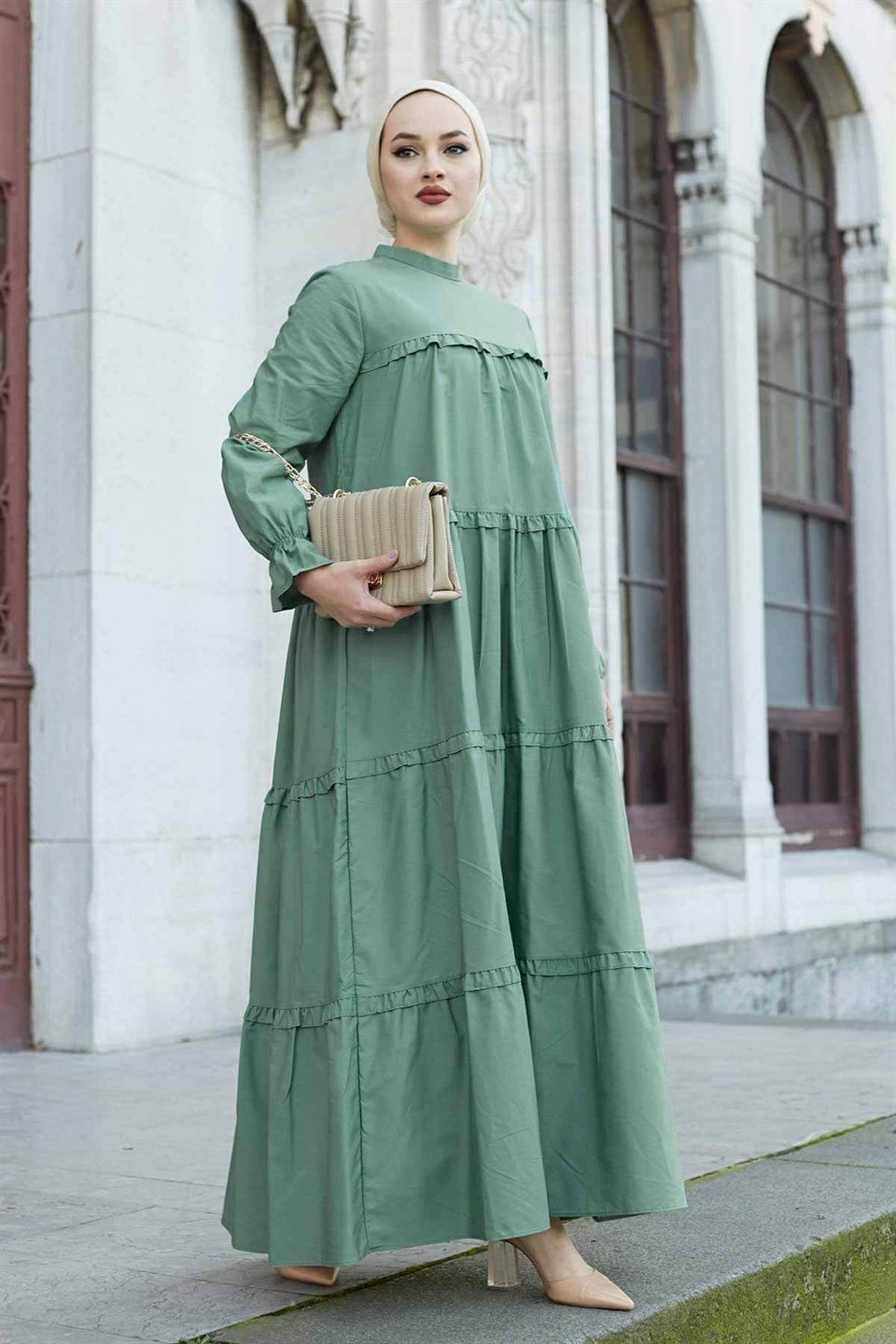 Fırfırlı Salaş Tesettür Elbise 10253 Su Yeşili